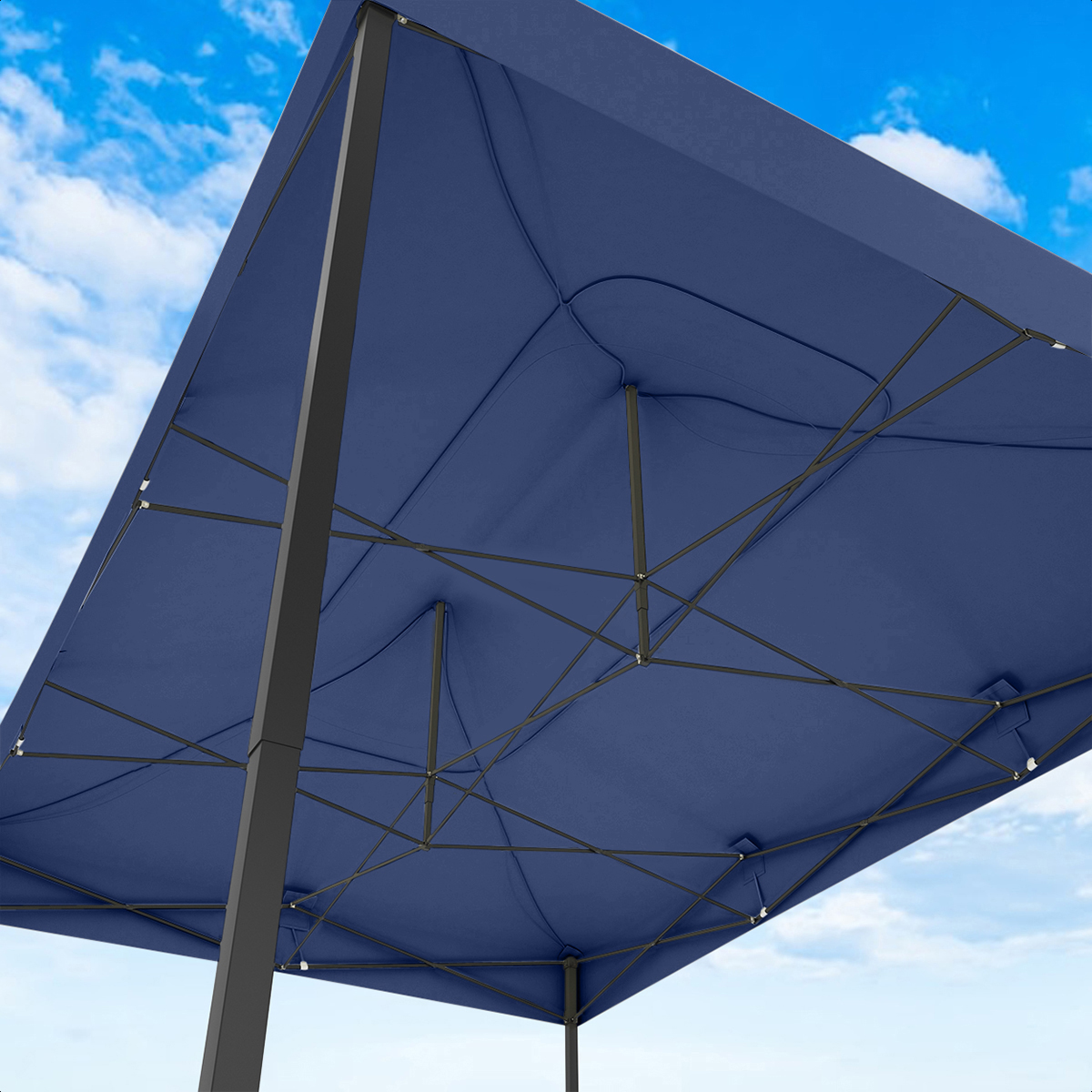 Underside view of a dark blue canopy tent with its metal frame against a cloudy sky.
