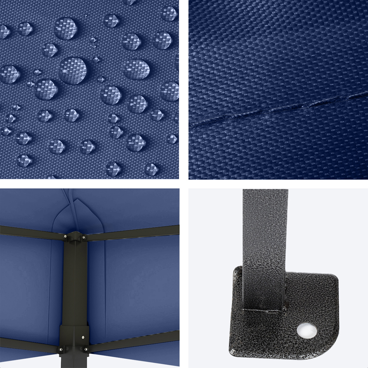 Blue fabric texture with water drops, seam, corner, and metal part.