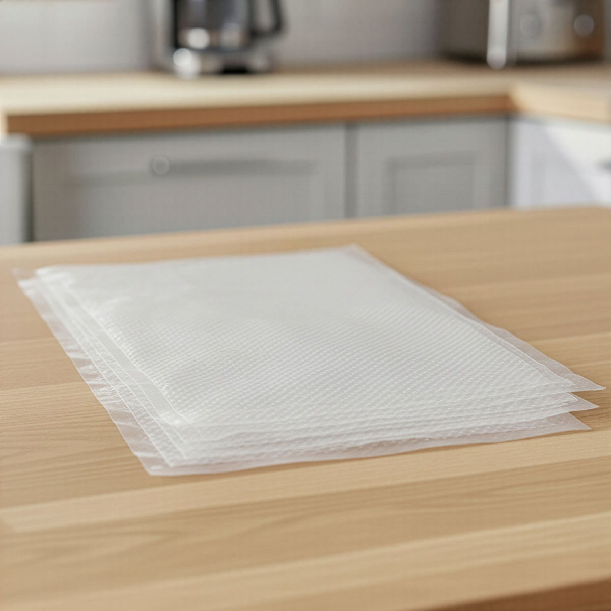 A stack of clear vacuum seal bags rests on a wooden surface.