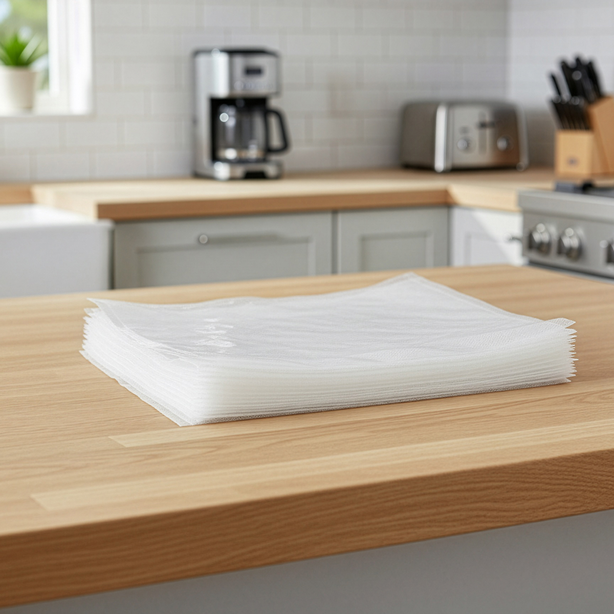 A stack of white, translucent placemats lies on a wooden surface.