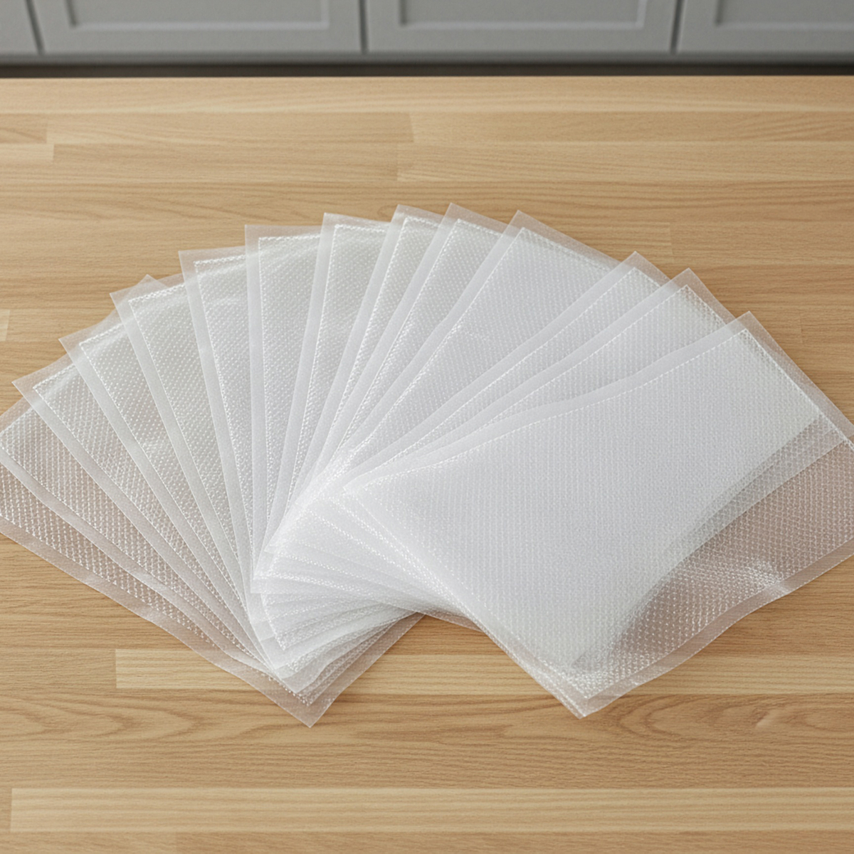 Multiple clear vacuum seal bags are fanned out on a wooden table.