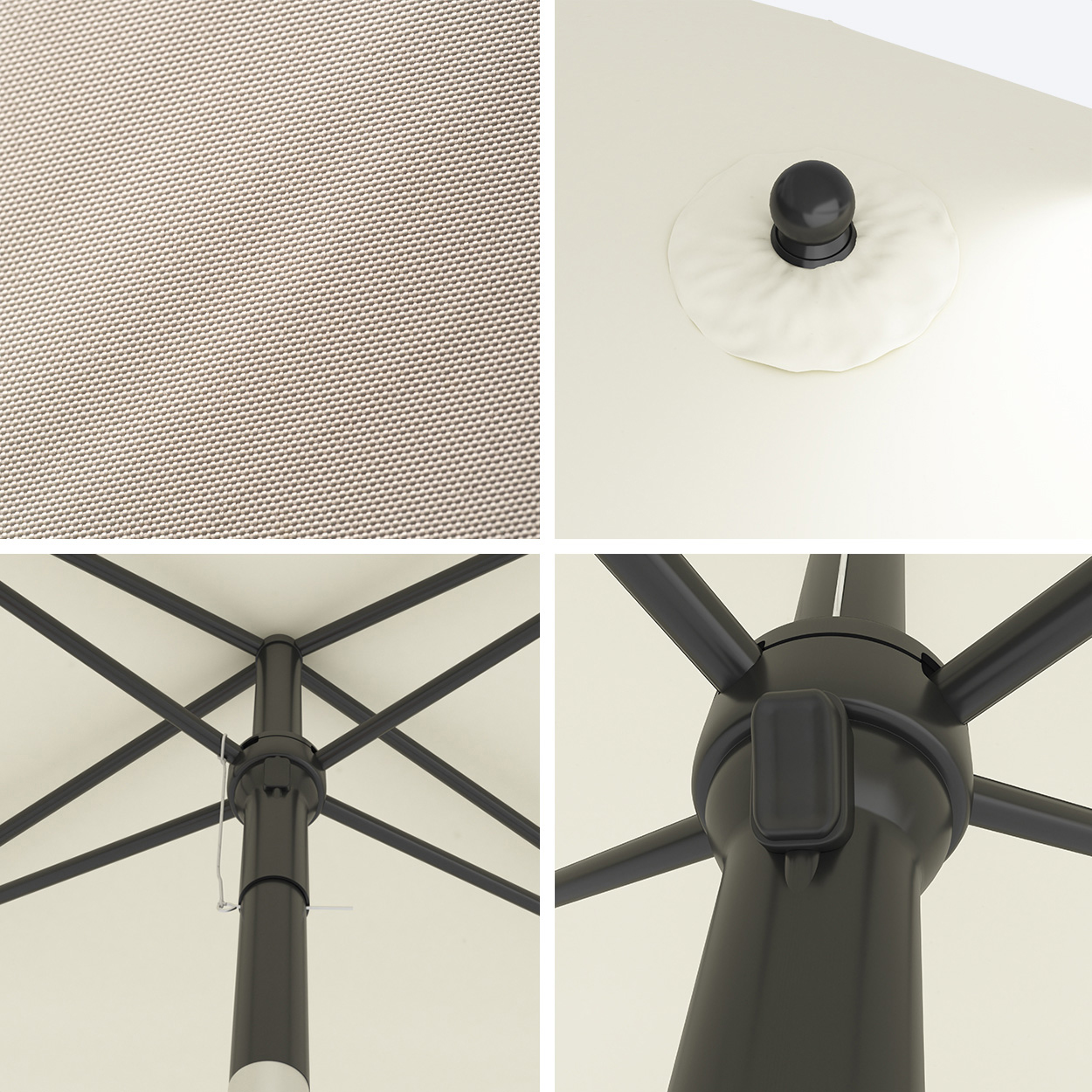 Collage van vier afbeeldingen met details van een parasol: stoftextuur, dop, spaken en centrale paal.