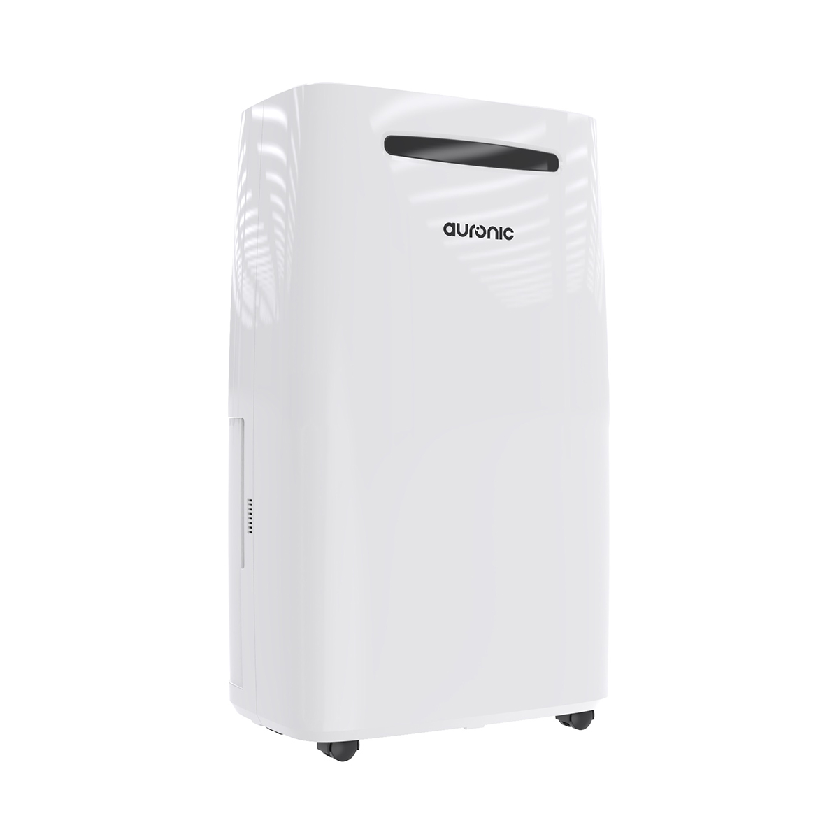 Een witte Auronic luchtontvochtiger met zwarte wielen en zwarte ventilatie aan de bovenkant.