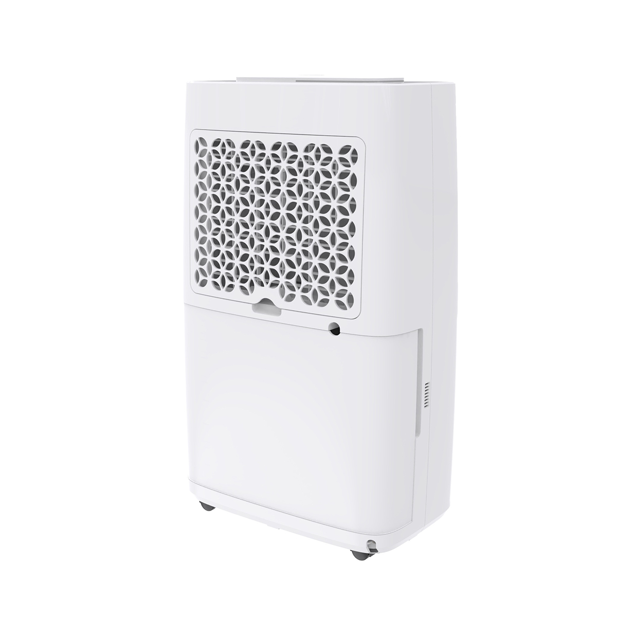 Een witte luchtontvochtiger met een decoratief rooster aan de voorzijde en wielen.