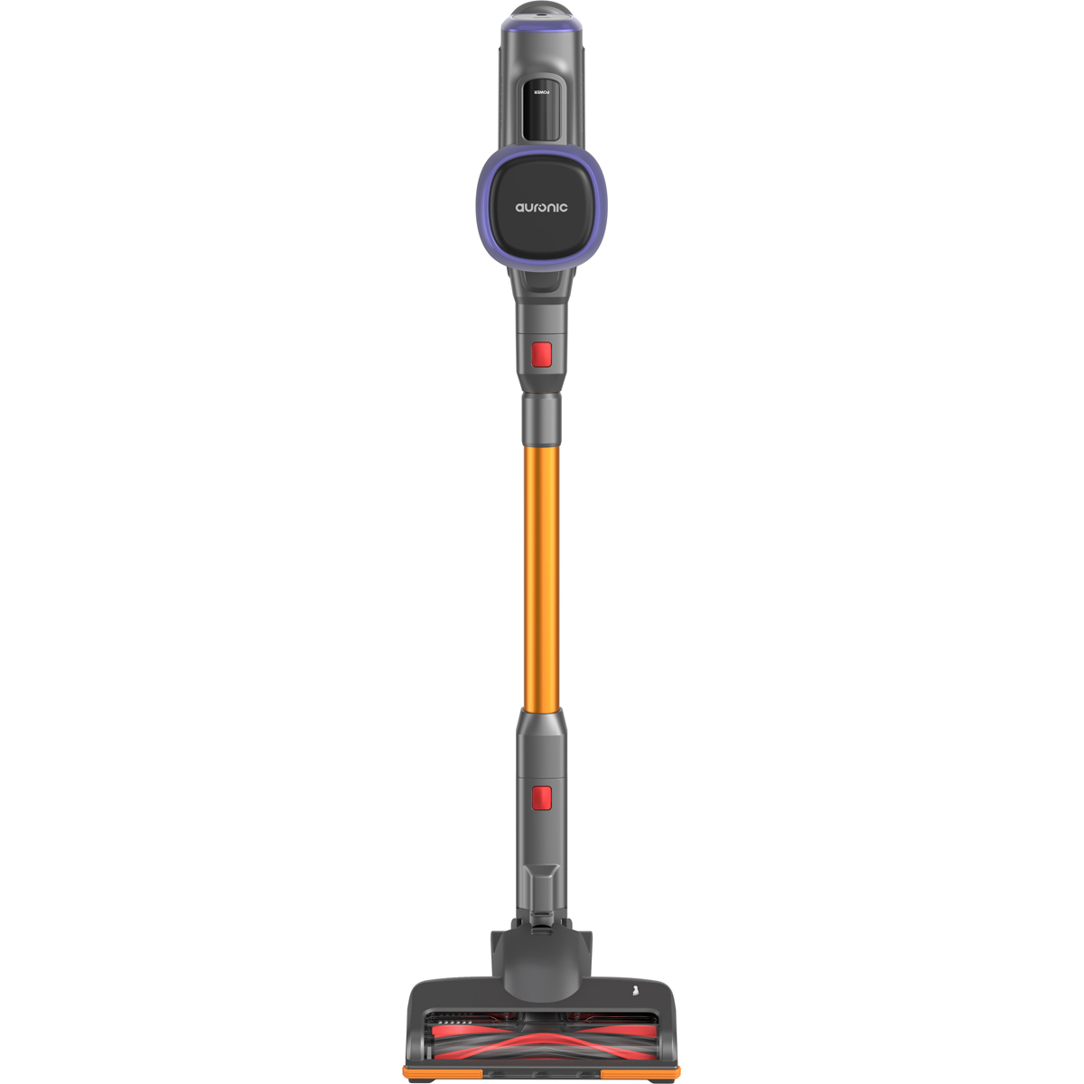 Un aspirateur sans fil avec un tube orange et une unité principale grise.