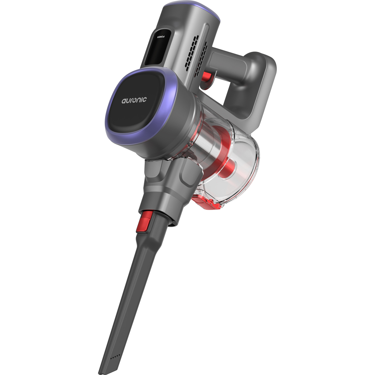Un aspirateur sans fil gris avec une garniture violette et des accents rouges.