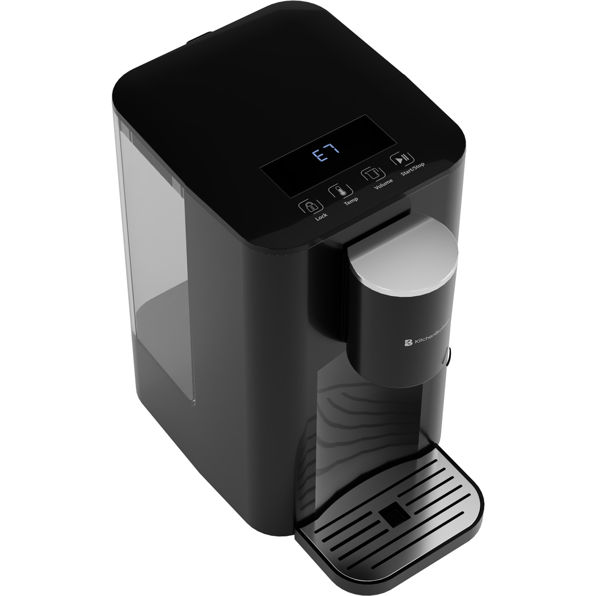 Zwarte waterdispenser met digitaal display, knoppen en lekbak.