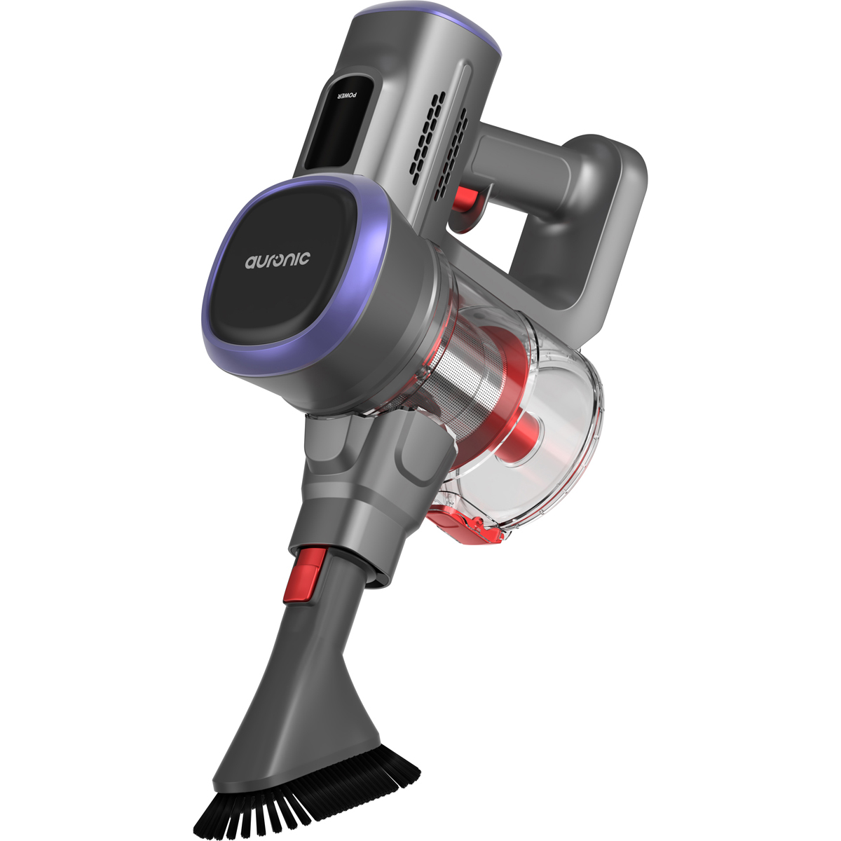 Un aspirateur sans fil gris avec embout brosse et réservoir à poussière transparent.