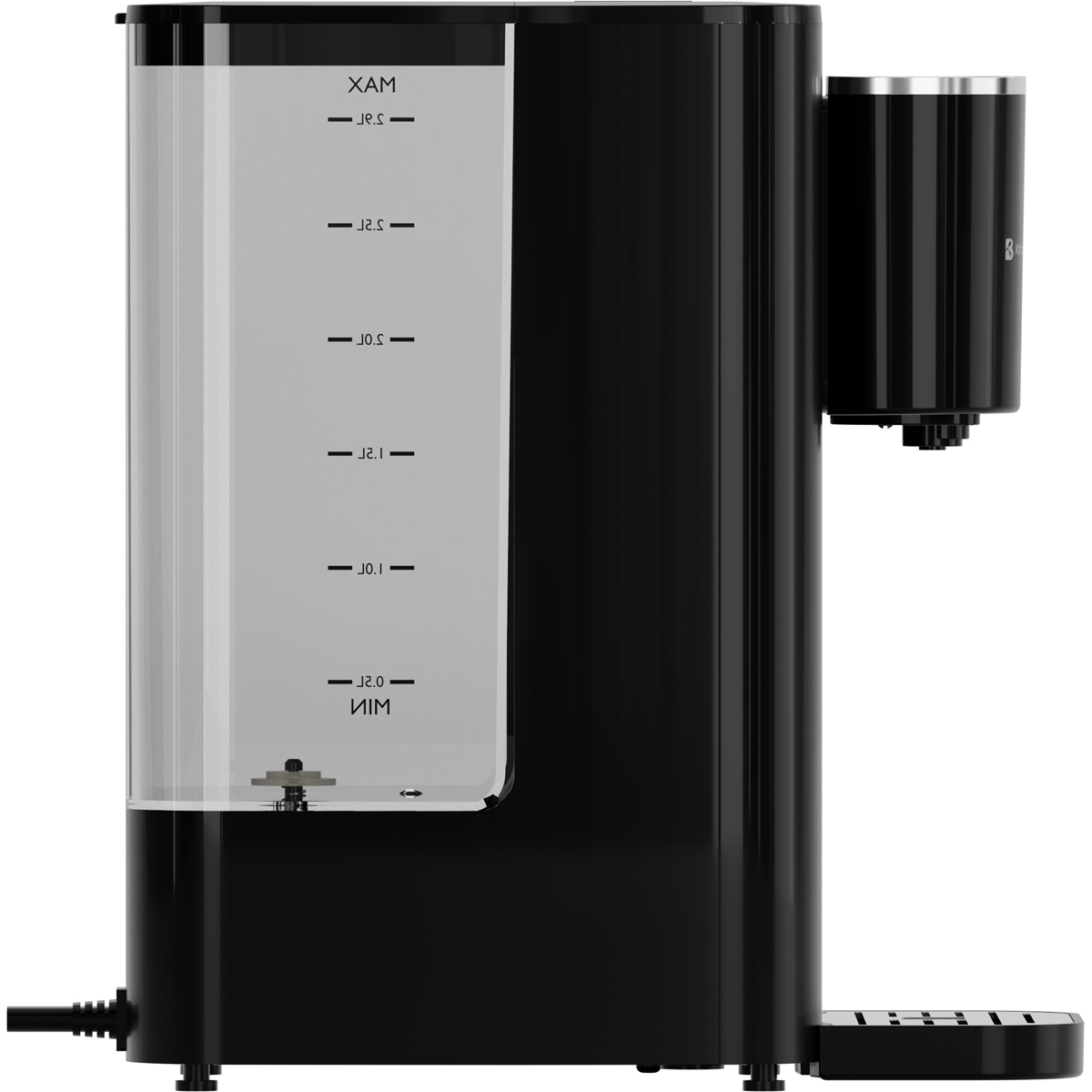 Zwarte waterdispenser met doorzichtige tank en maatschaal. Aan de zijkant is een kraan bevestigd.