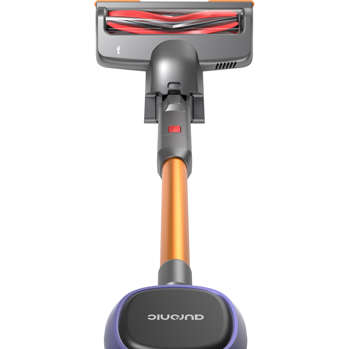 Tête d'aspirateur grise avec brosse rouge et tube orange sur fond blanc.