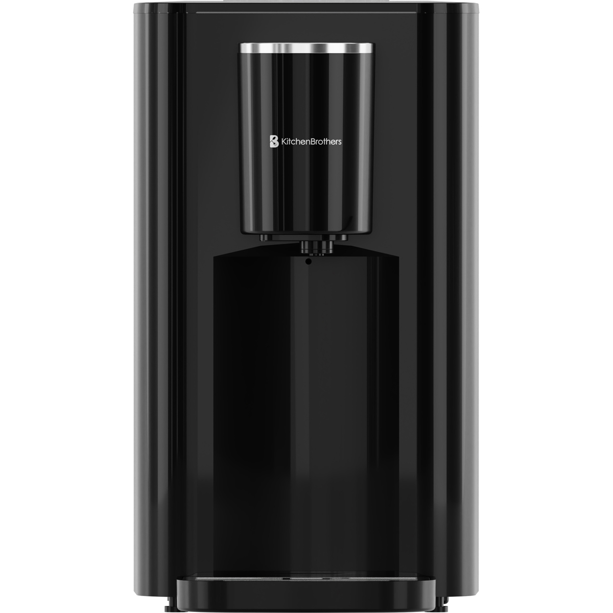Een glanzende zwarte waterdispenser met een zilveren rand en KitchenBrothers logo.