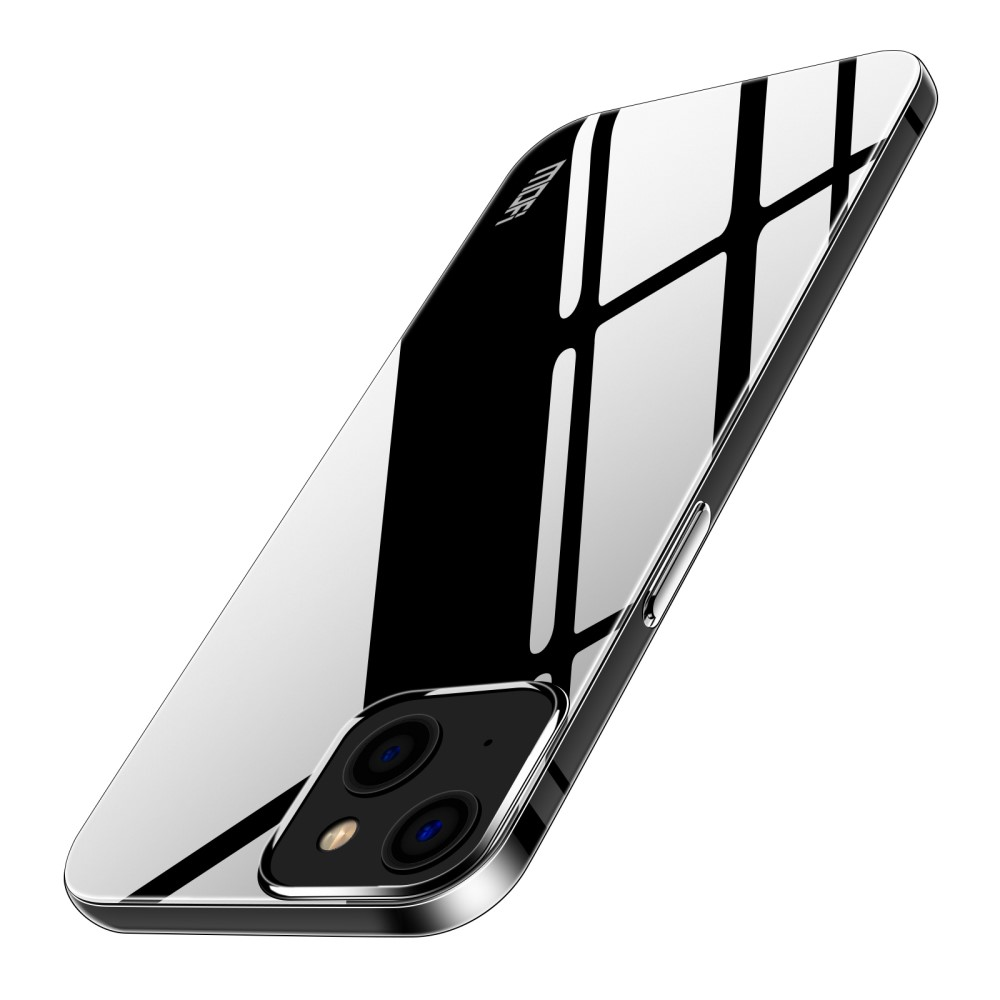Un'elegante cover argentata per telefono con superficie riflettente e ritaglio per doppia fotocamera.