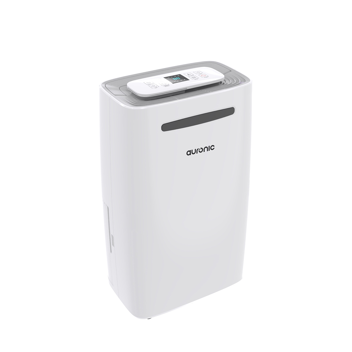 Een witte Auronic luchtontvochtiger met grijs bovendeksel en digitaal display.