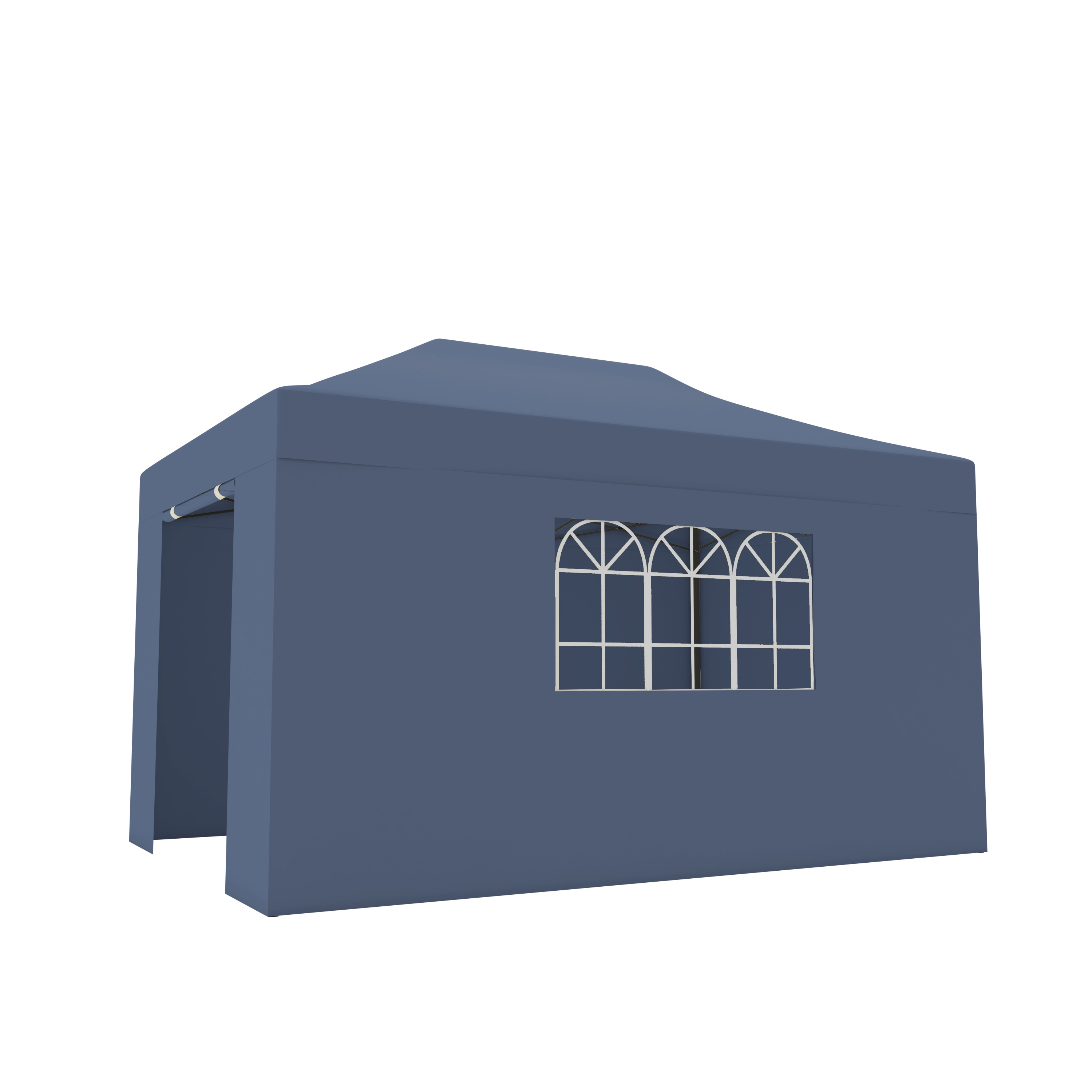 A dark blue canopy with three arched windows and an open entrance.