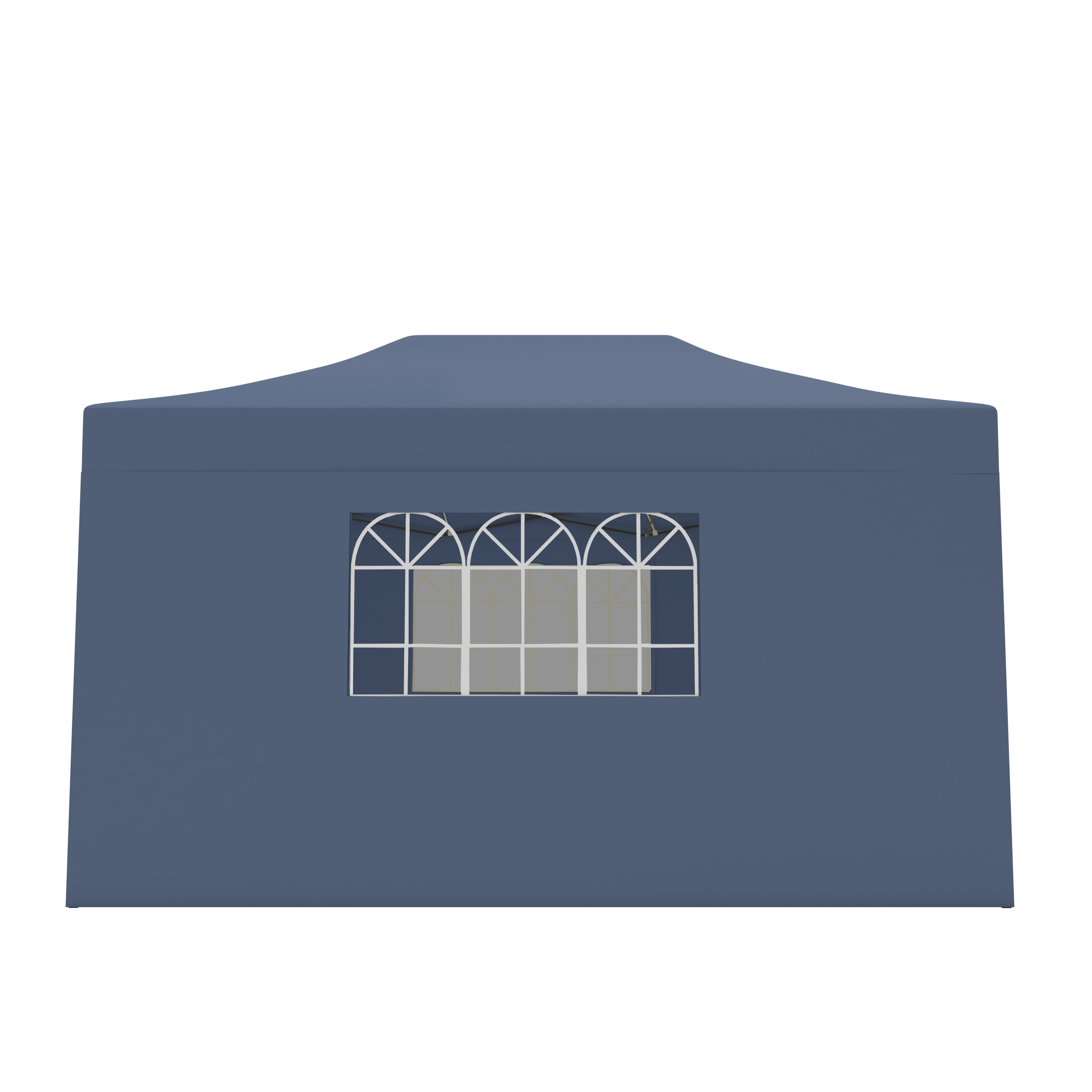 A blue tent with three arched windows.