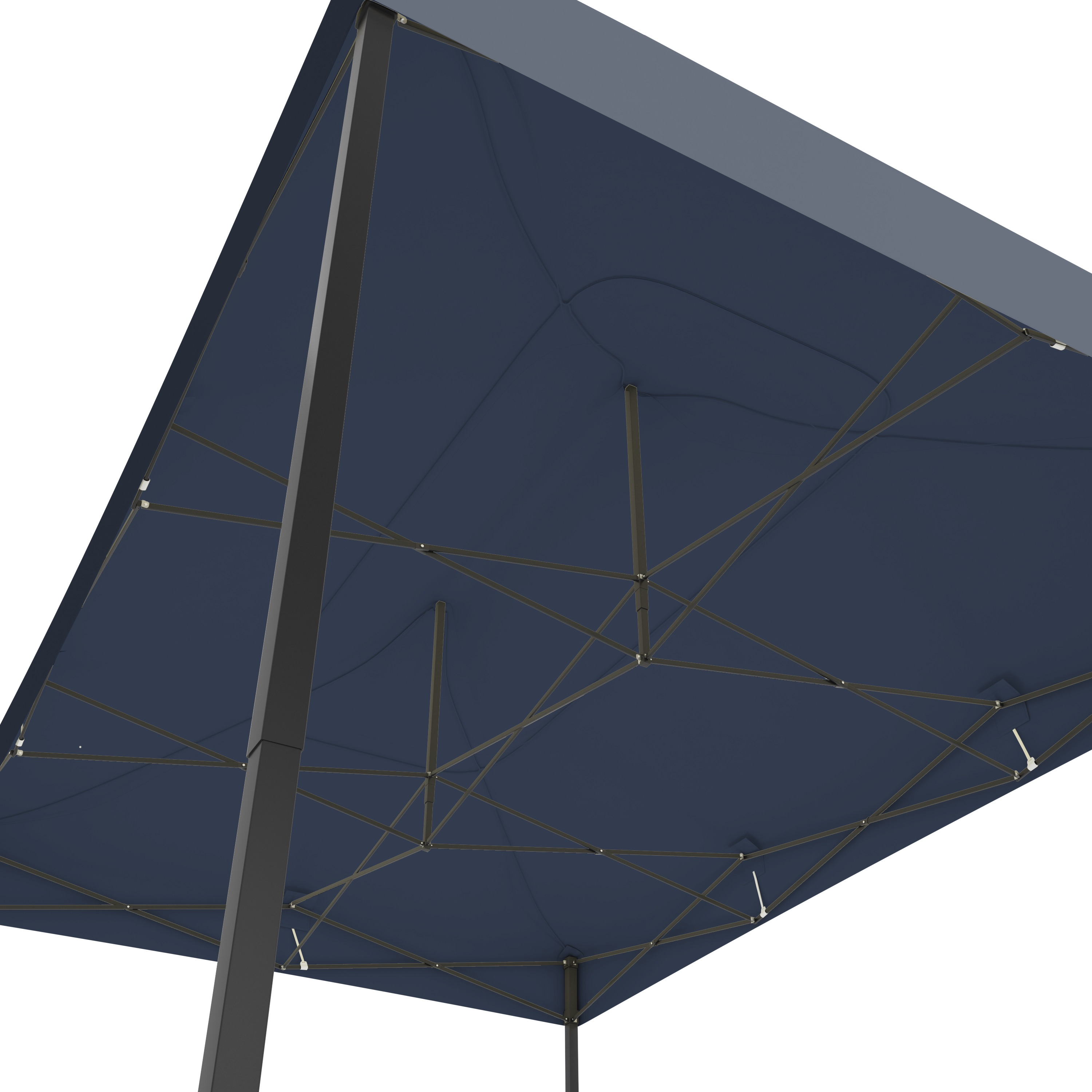 Dark blue canopy with black metal frame, viewed from below.