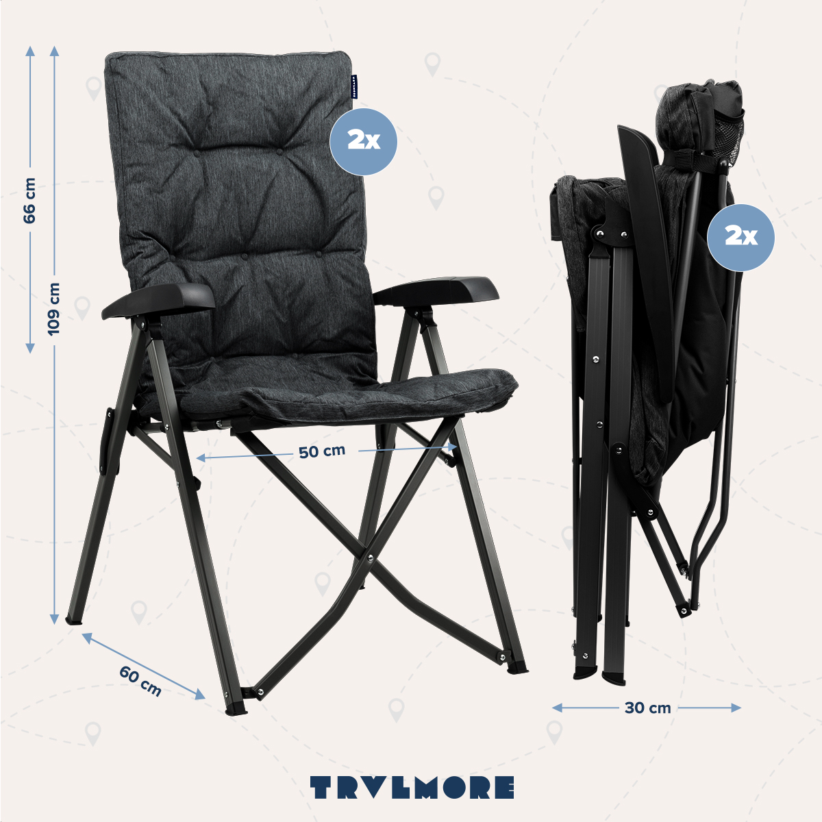 A dark gray padded camping chair, open and folded, with dimensions shown.