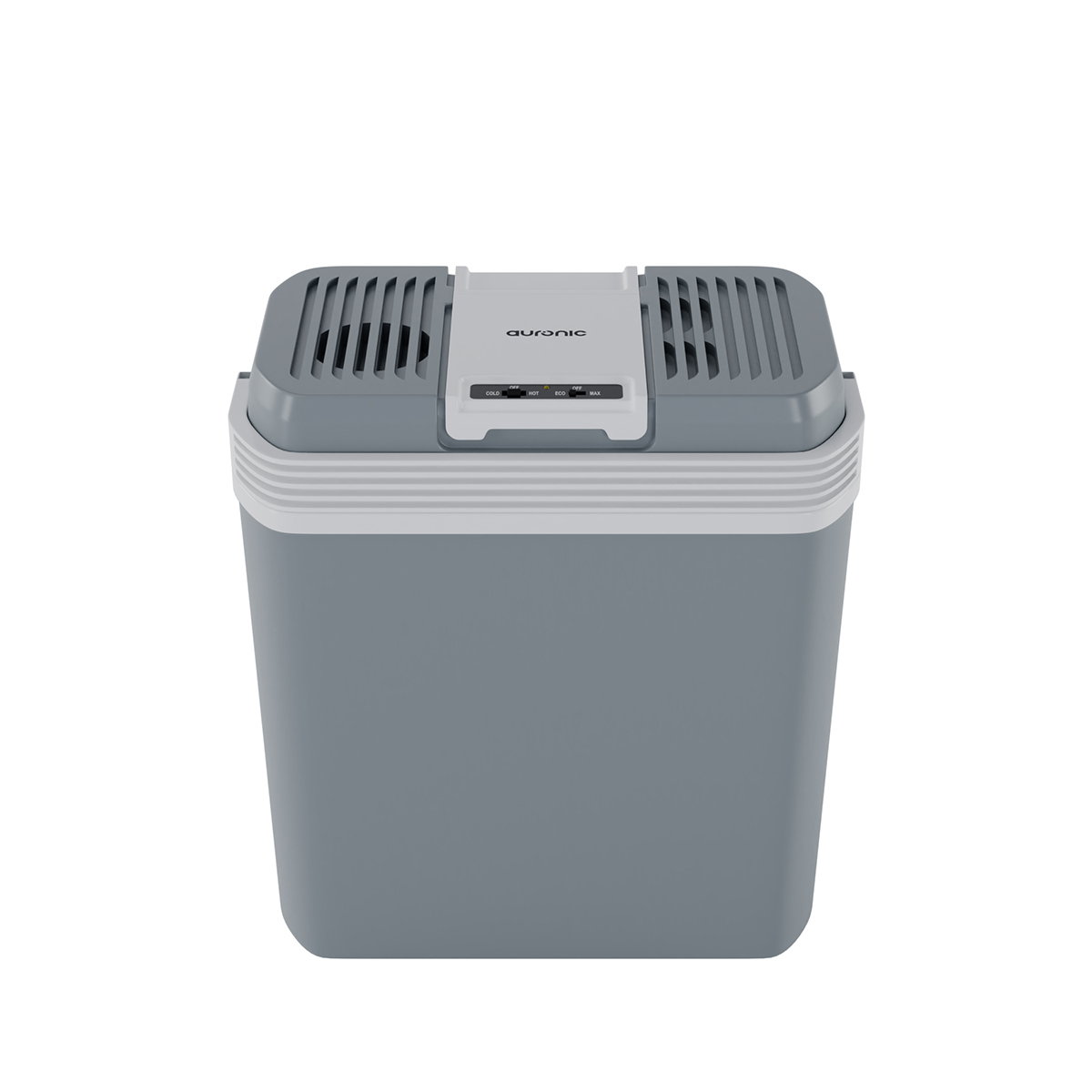 Une glacière portable grise avec un couvercle et un panneau de contrôle blancs, dotée de grilles et du logo Auronic.