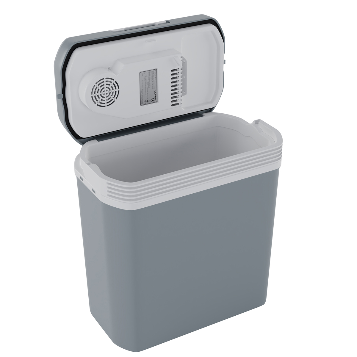 Une glacière grise avec son couvercle ouvert, ventilateur et ailettes visibles.