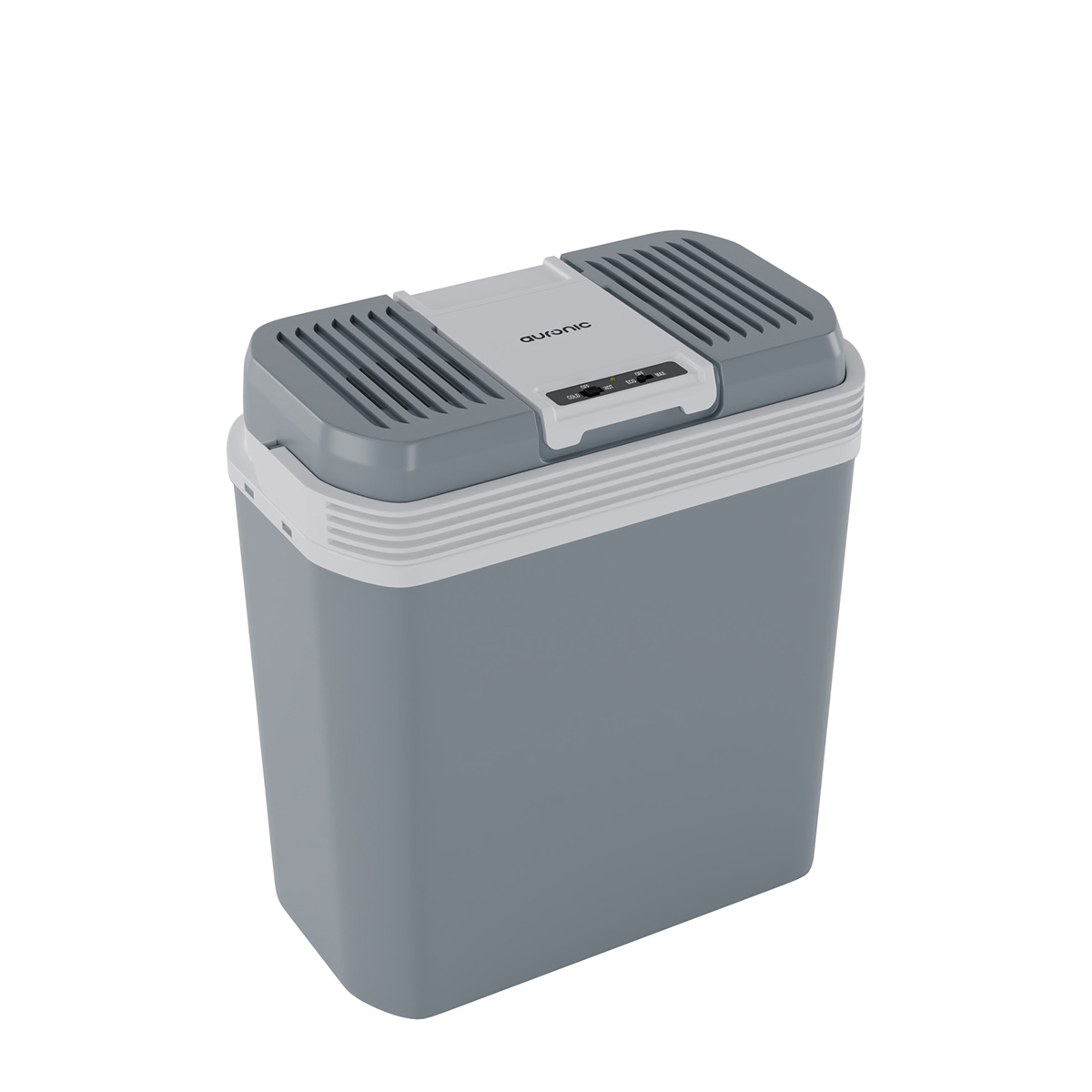 Glacière portable grise avec couvercle blanc et aérations. Logo Auronic sur le dessus.