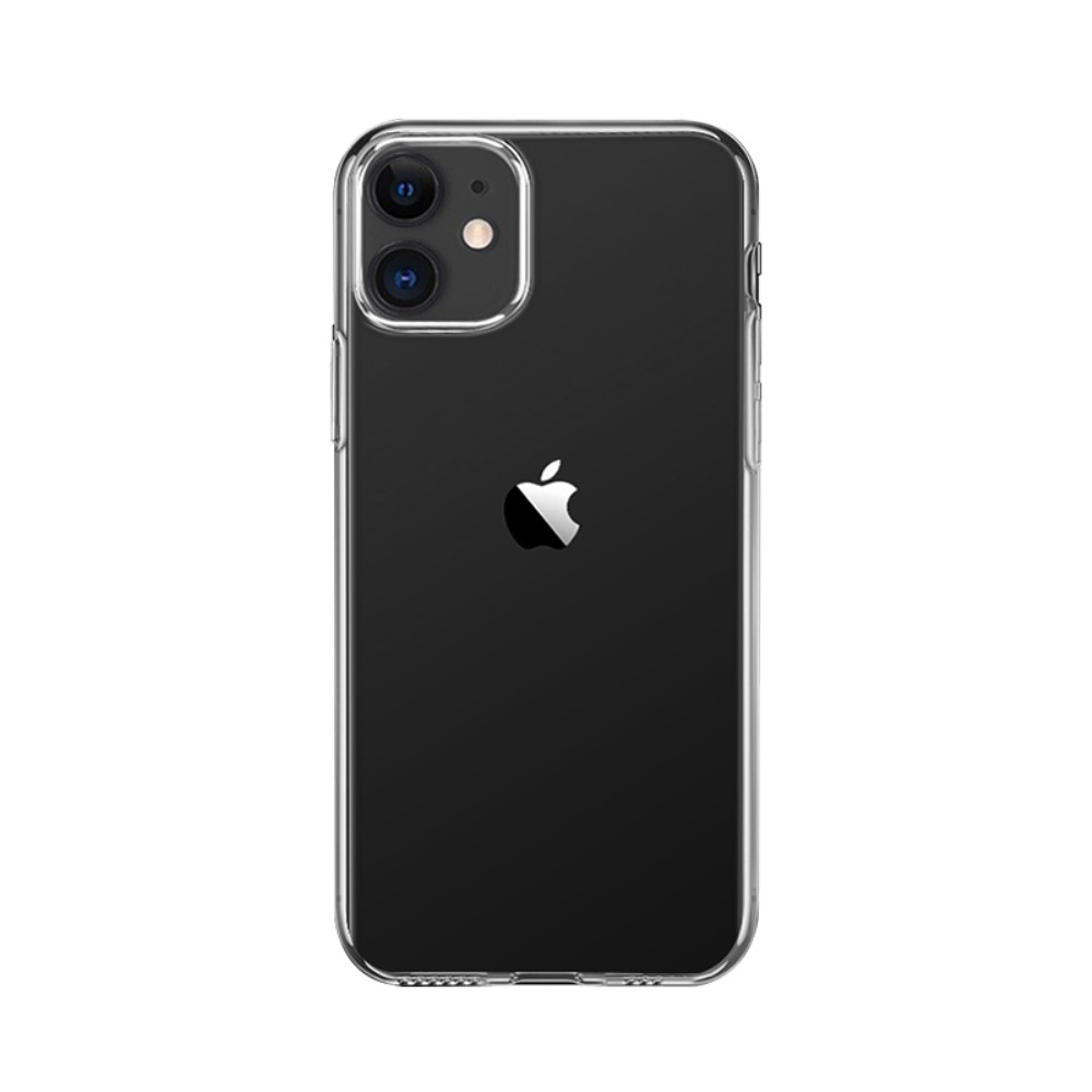 Rückseite eines schwarzen iPhones in einer transparenten Hülle mit Apple-Logo.