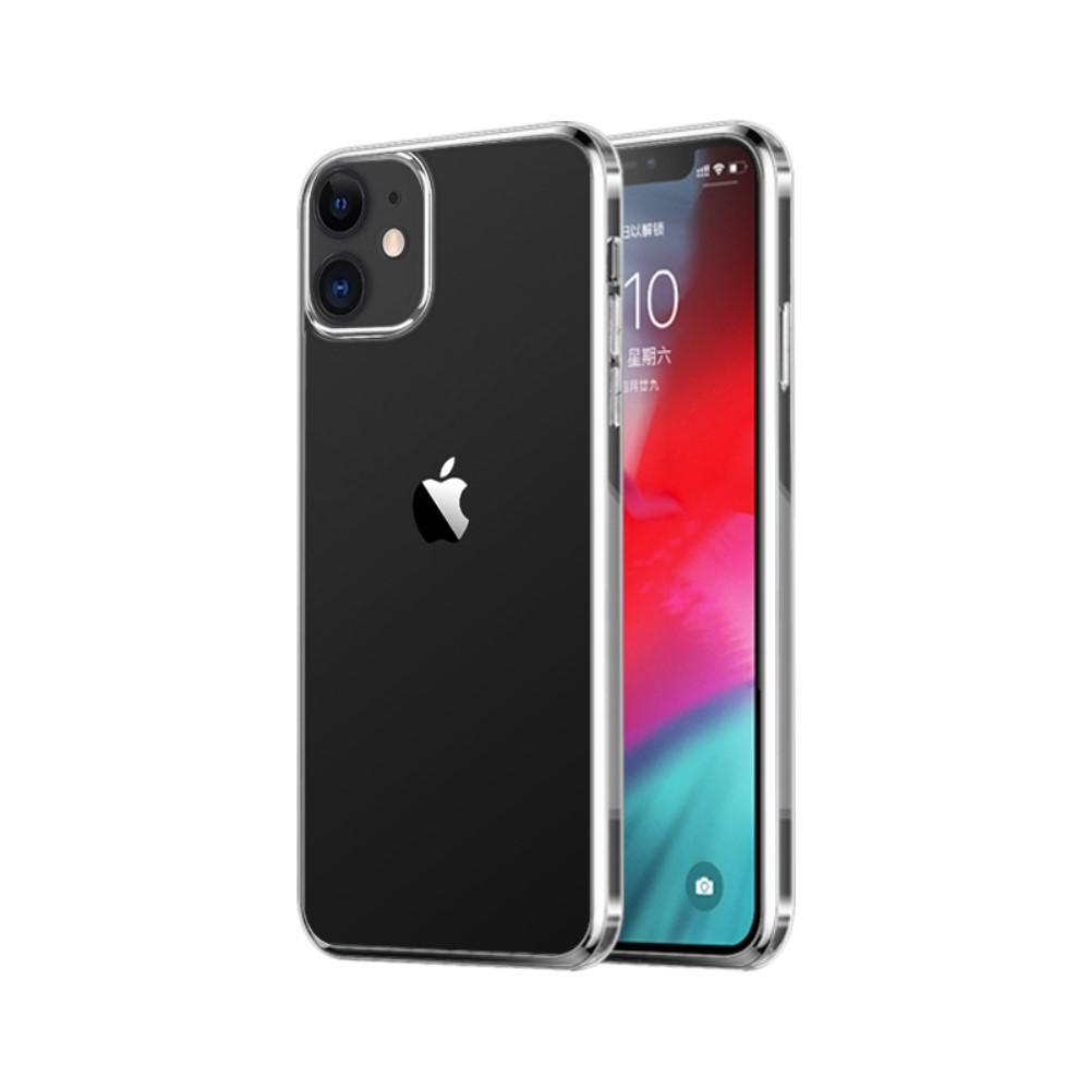Ein durchsichtiger iPhone-Schutz mit silbernem Rand, das Apple-Logo ist sichtbar.