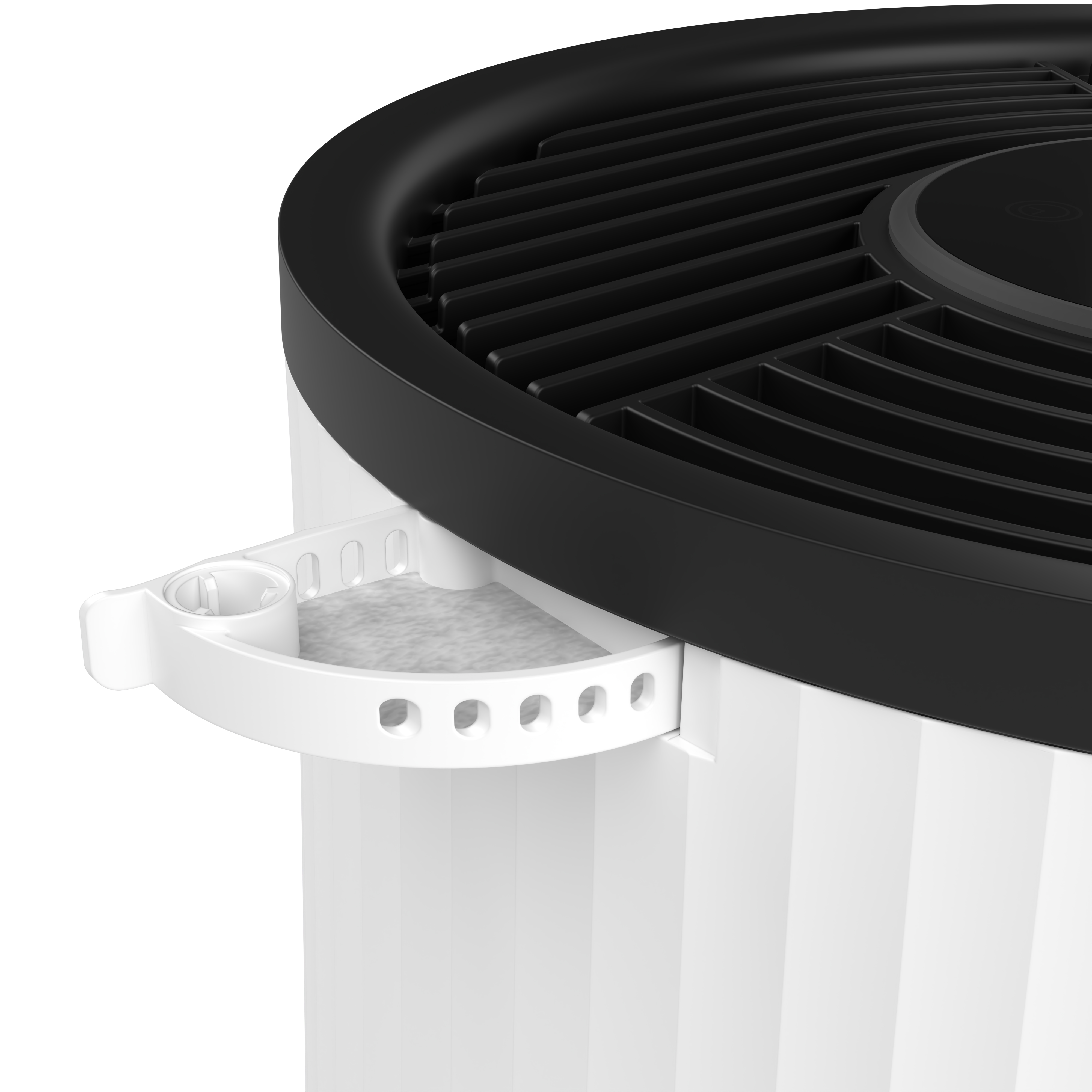Close-up of a white air purifier with a black grille and a pull-out compartment.