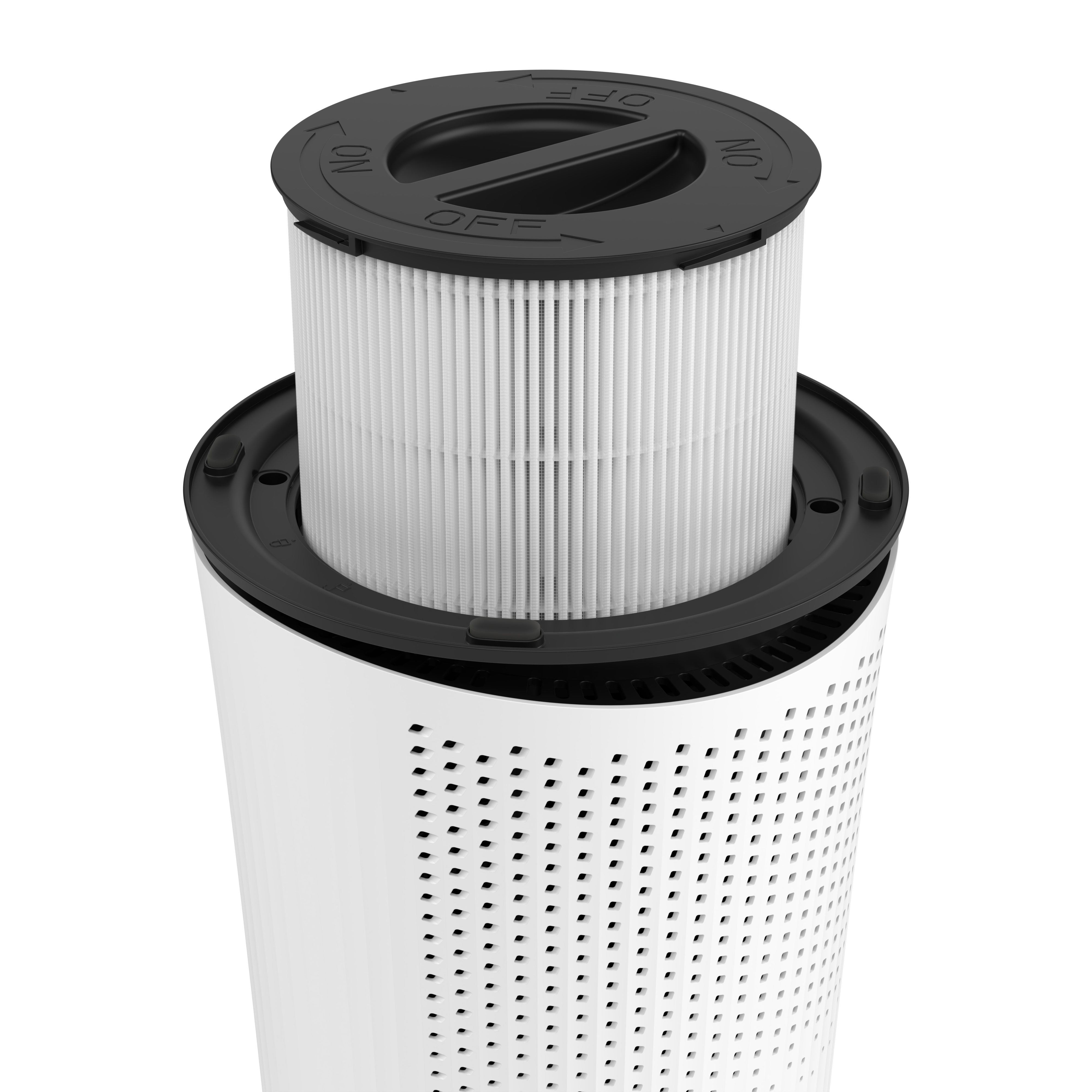 A white pleated air filter with a black top showing ON/OFF markings.