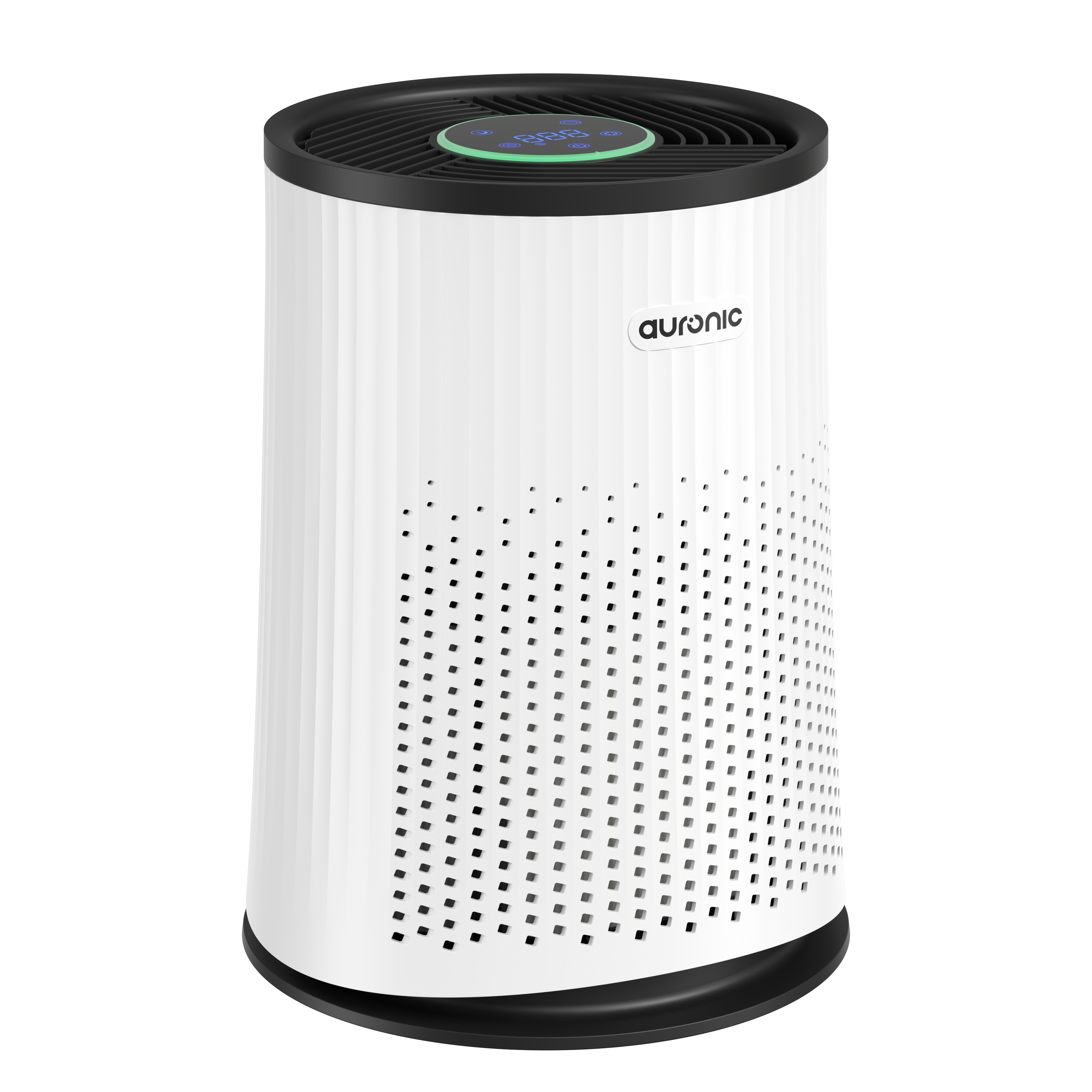 White cylindrical air purifier with a black top and base, displaying a digital screen.