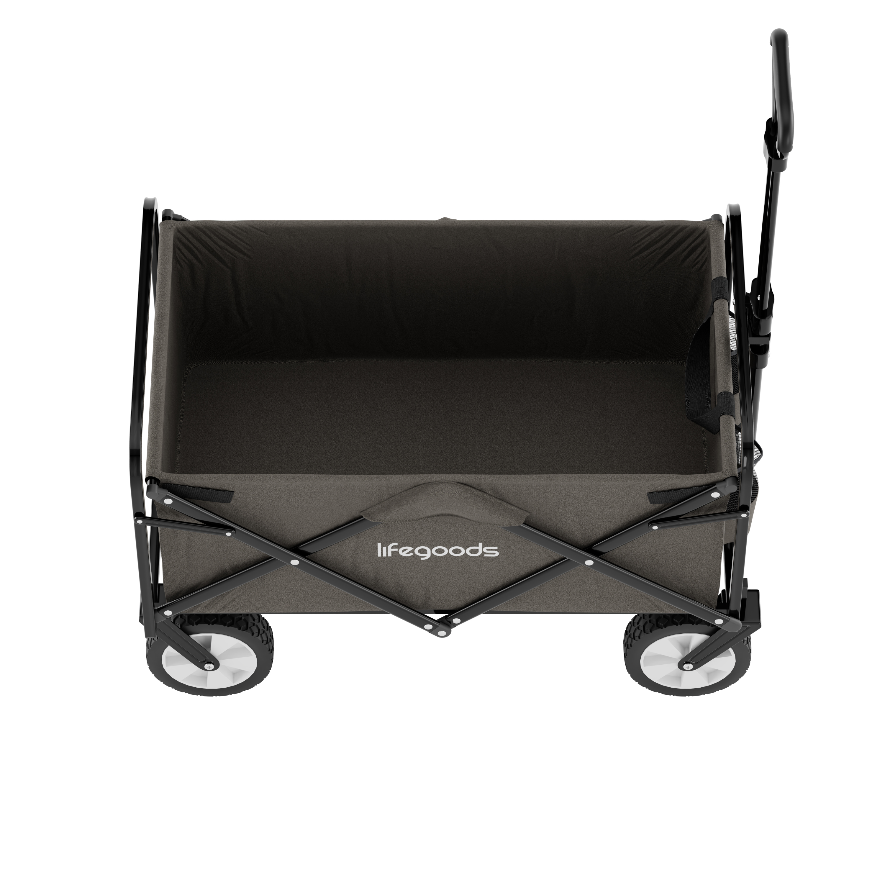 A dark gray foldable wagon with black wheels and handle.