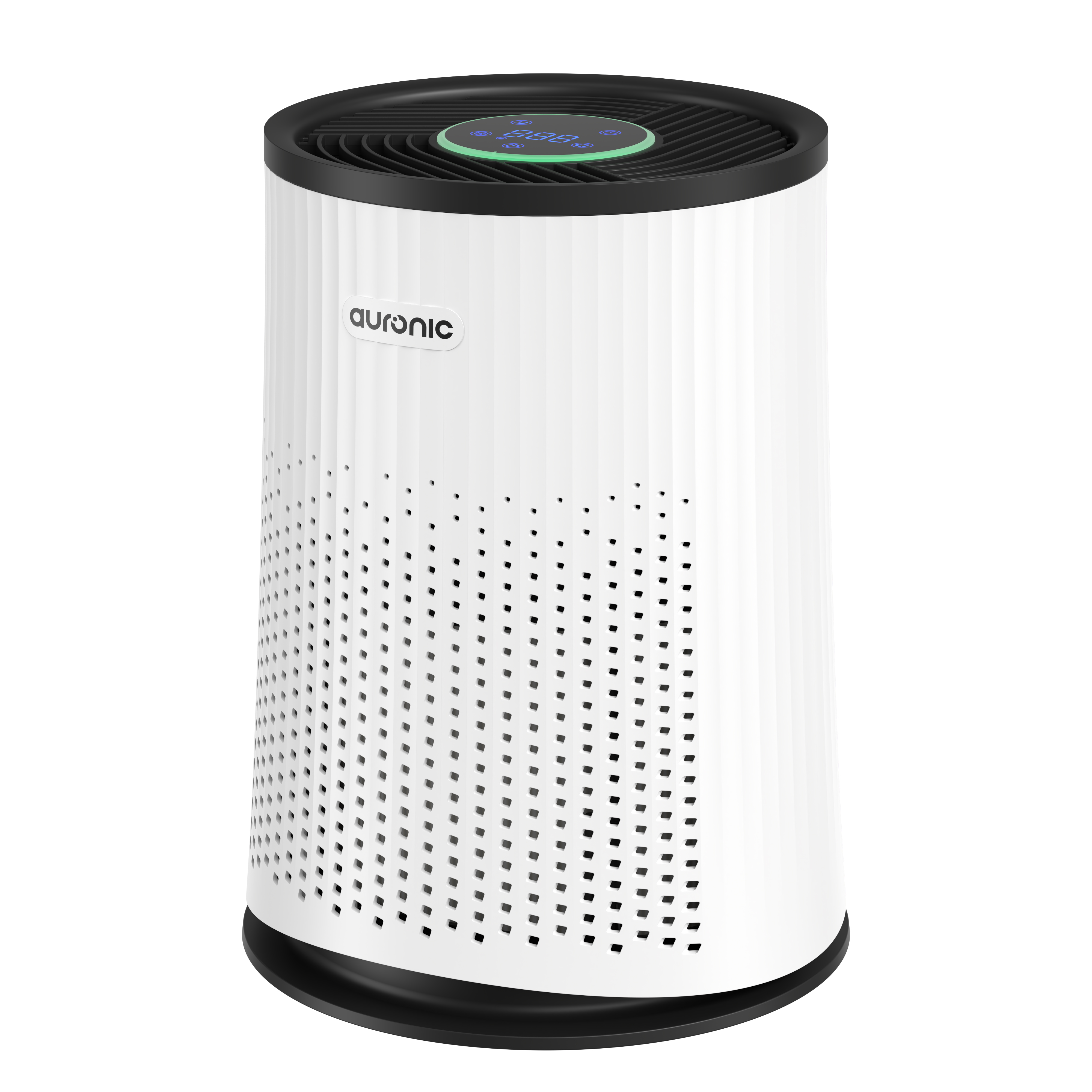 A white air purifier with a black grille and digital display.