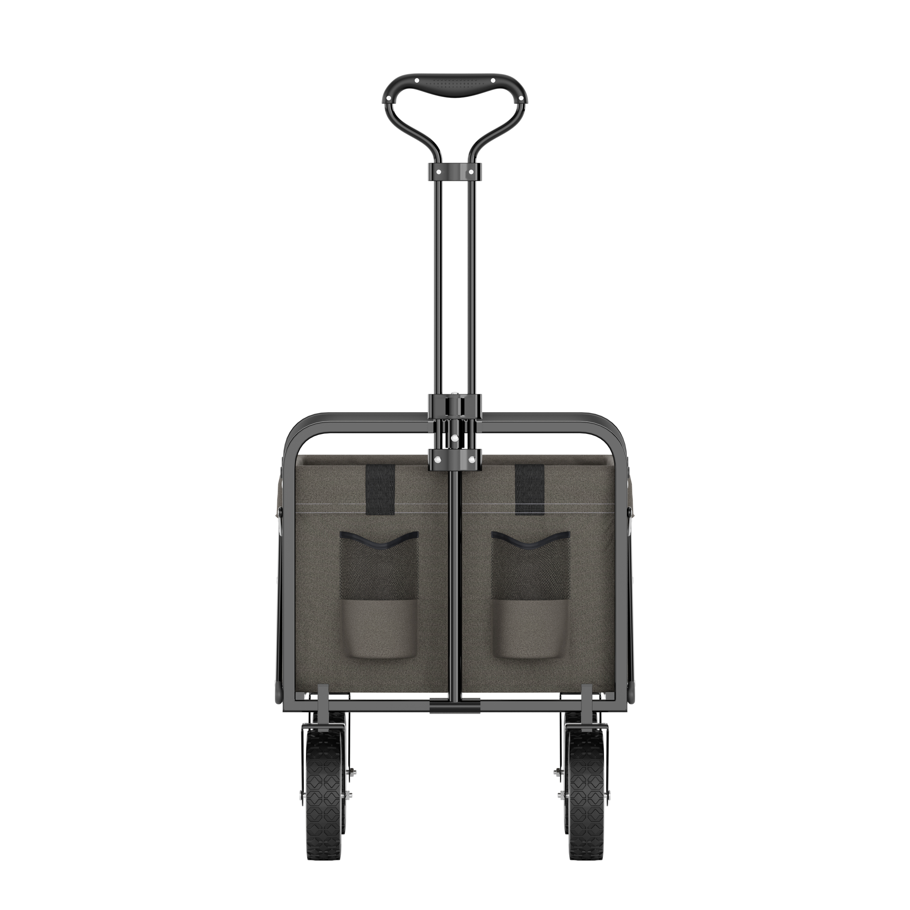 A gray collapsible wagon with a telescopic handle and two wheels.