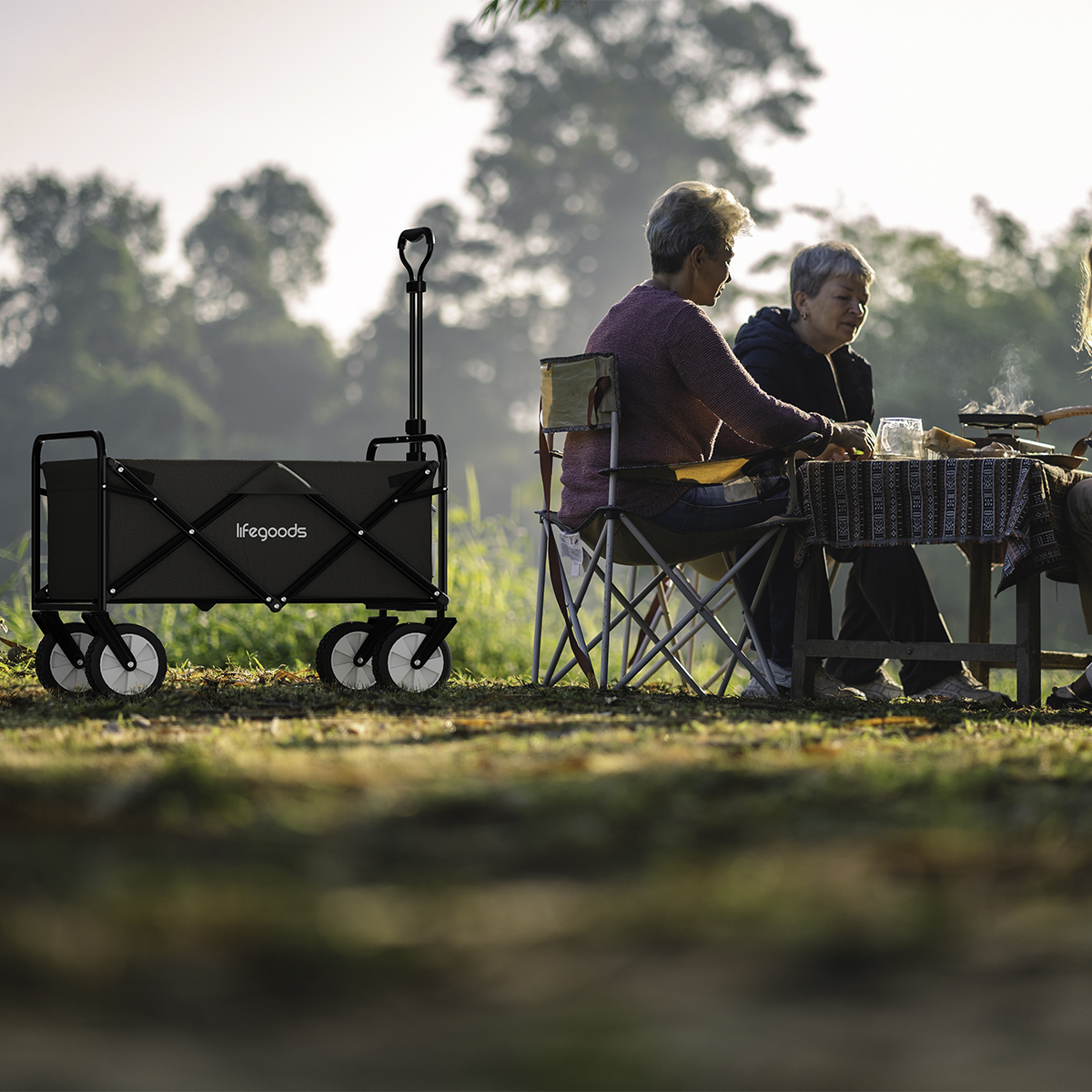 A dark grey folding wagon sits on grass next to people at a campsite table.