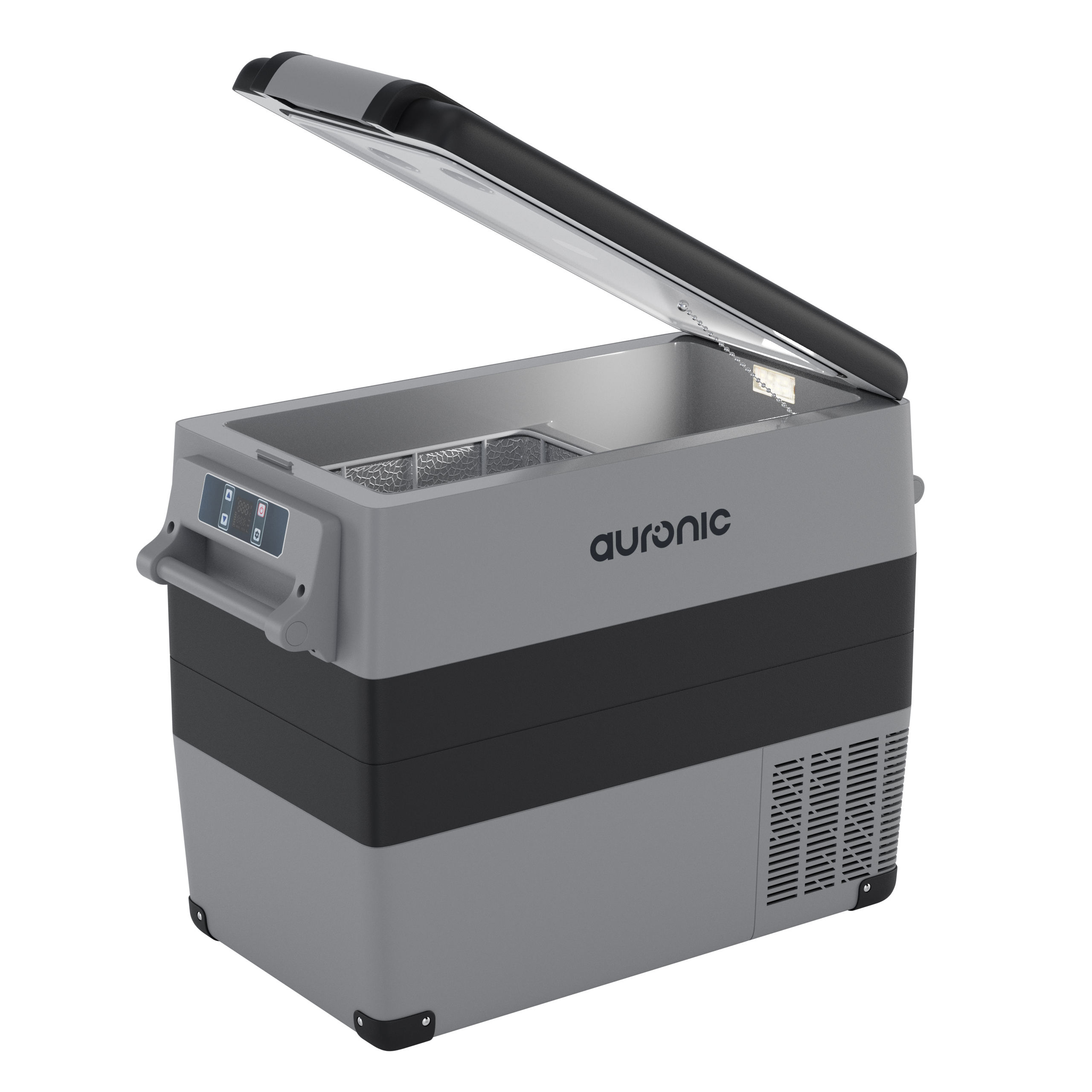 Een grijze draagbare koelkast met open deksel, Auronic-logo.