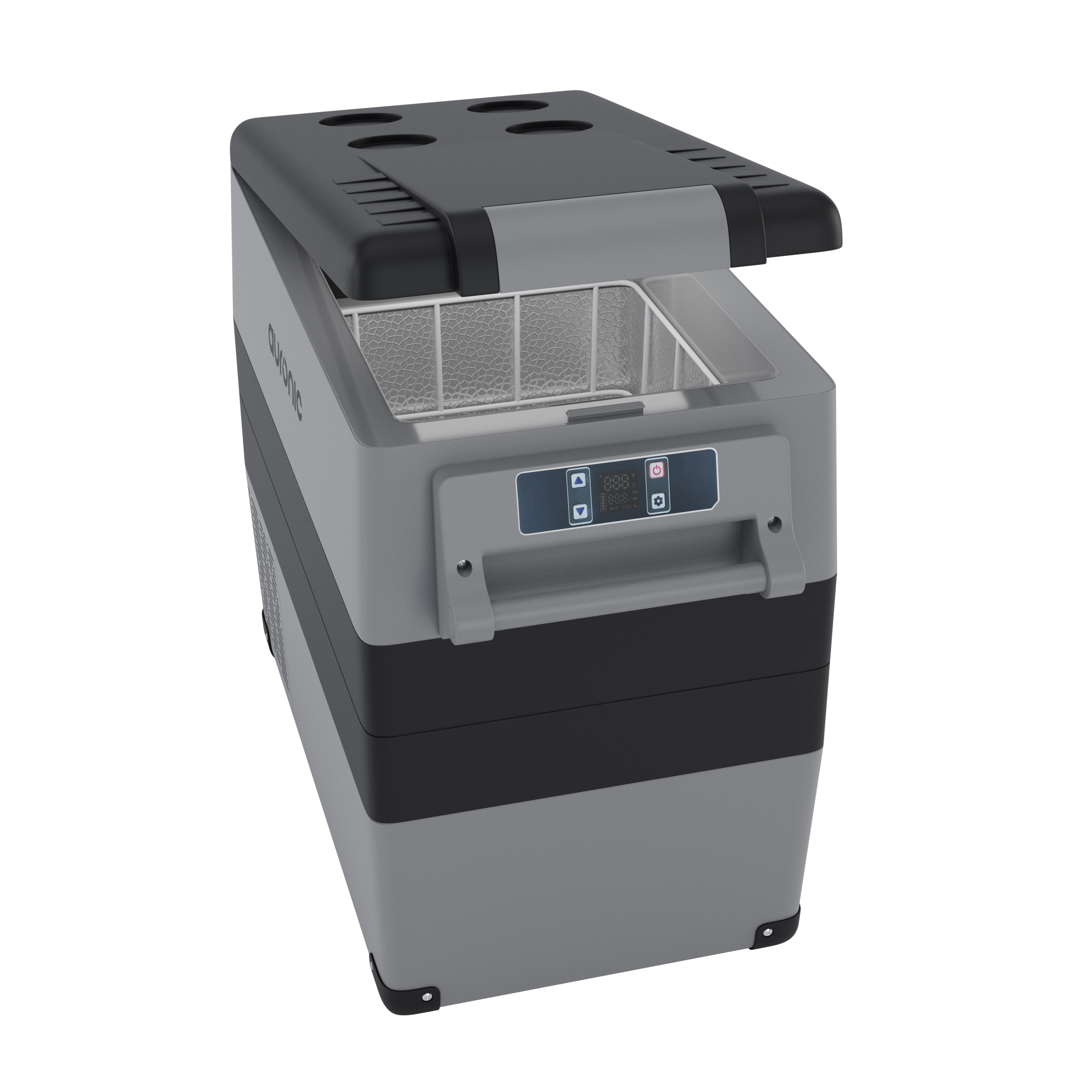 Grijze en zwarte draagbare koeler met open deksel, digitaal display en handvat.