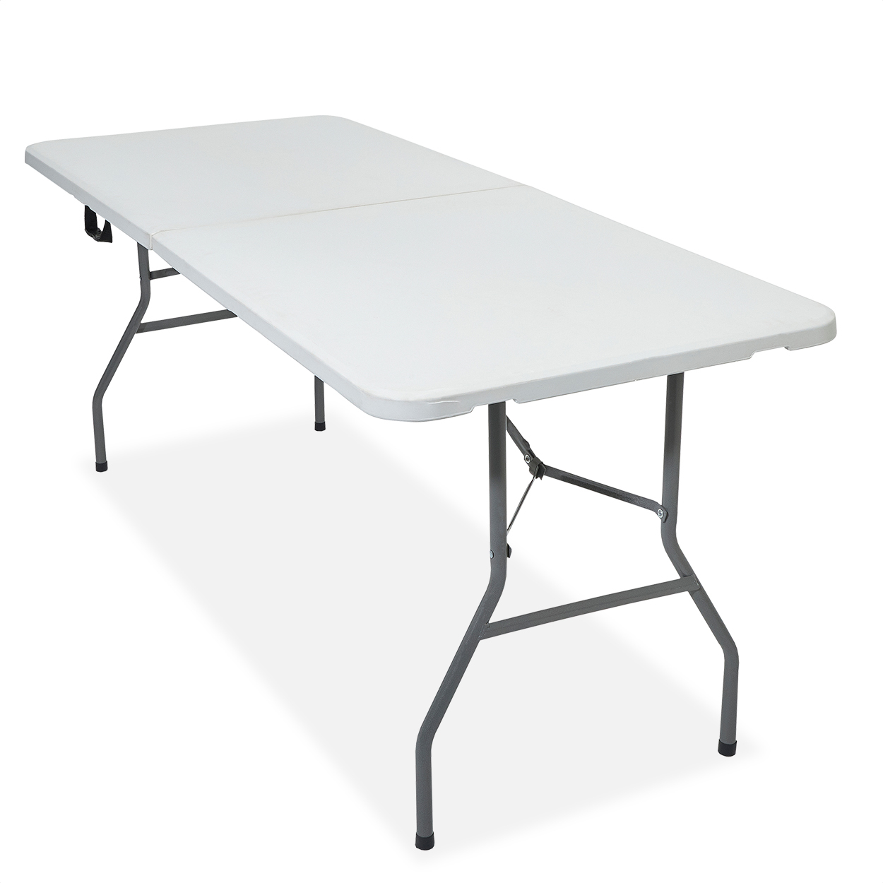 Een witte rechthoekige klaptafel met grijze metalen poten op een witte achtergrond.
