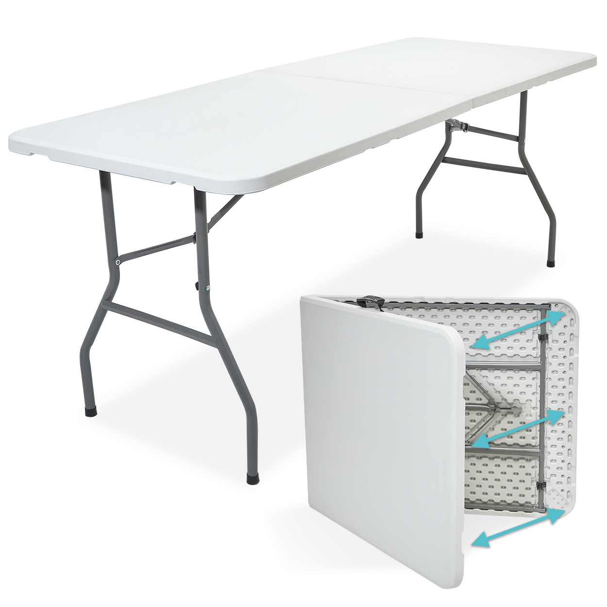 Een witte klaptafel met metalen poten, staand en opgevouwen getoond. Gedetailleerd zicht.