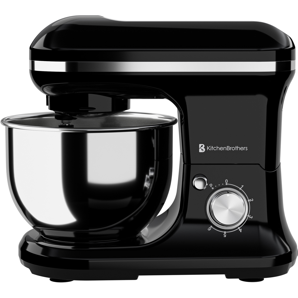 Een zwarte standmixer met een roestvrijstalen kom en een zilveren knop.