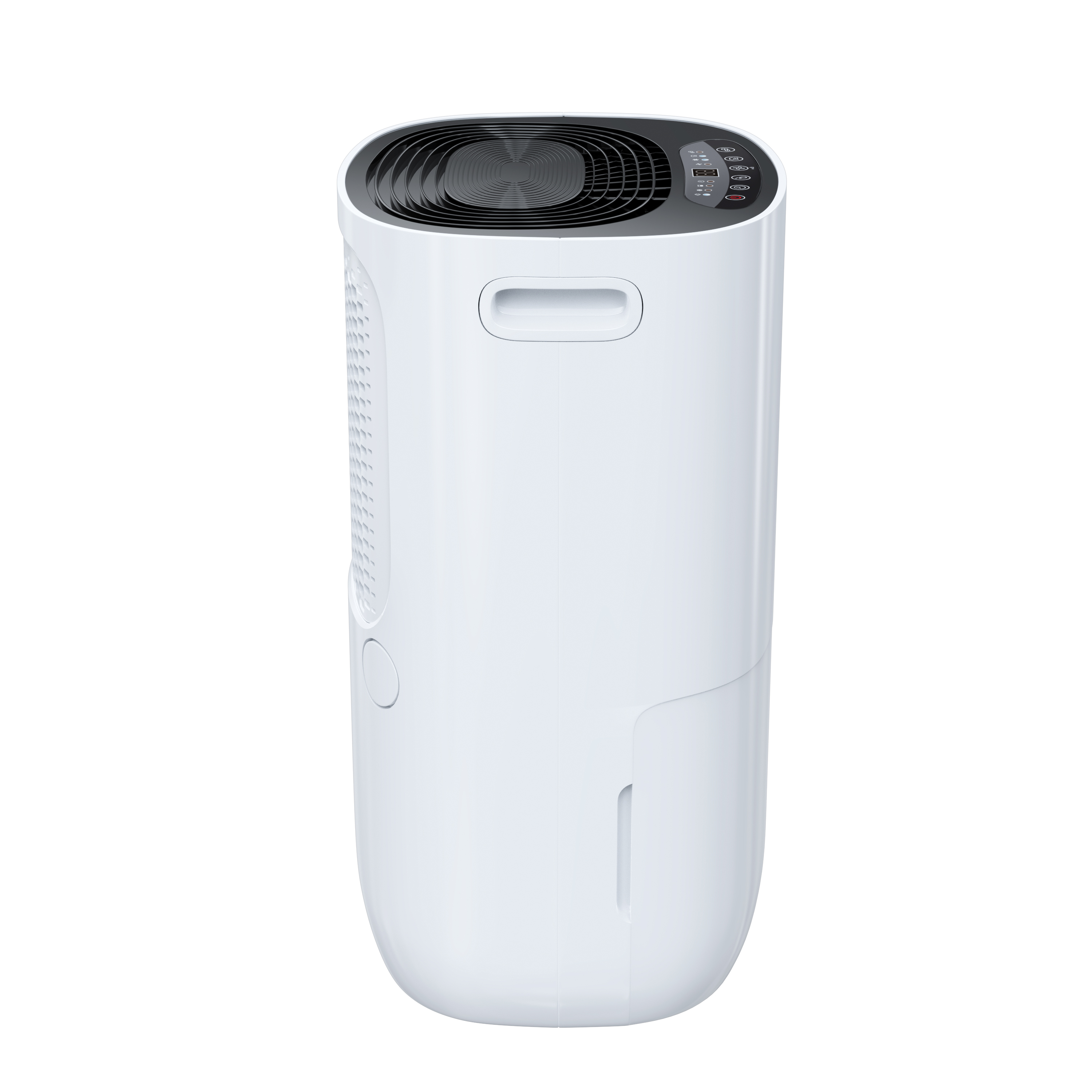 Een witte luchtontvochtiger met zwart ventilatorrooster en bedieningspaneel.
