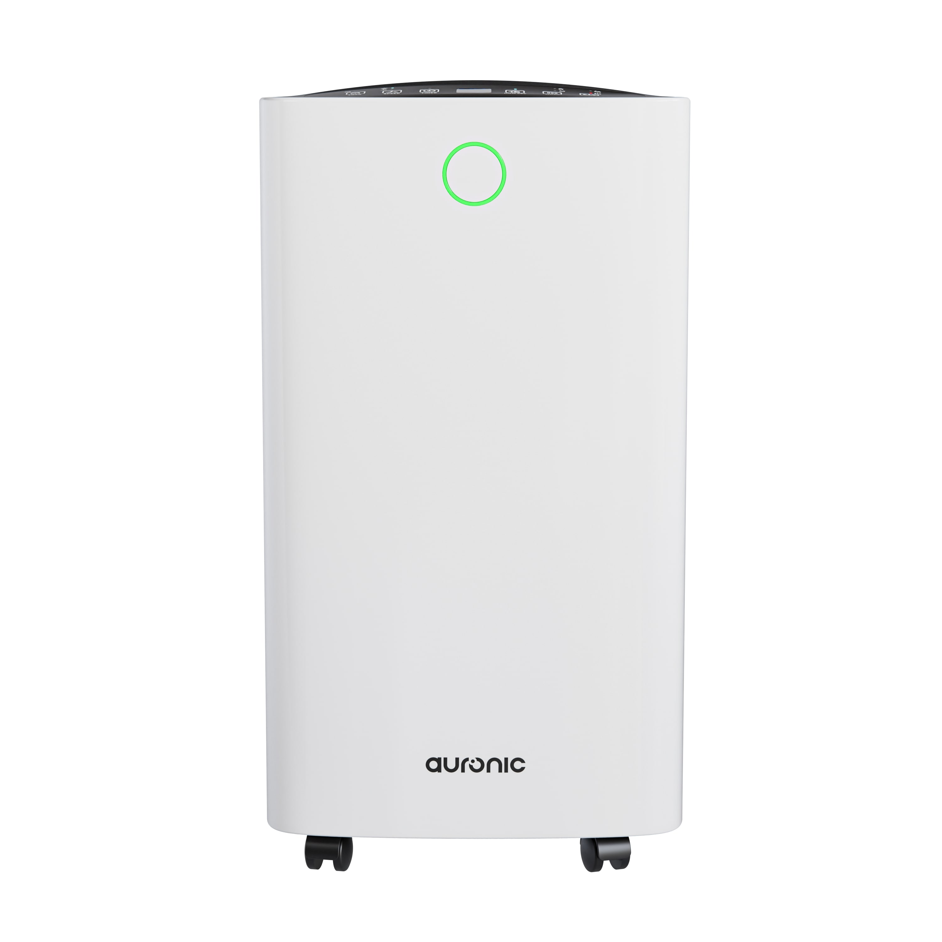 Un purificateur d'air blanc avec indicateur à anneau vert et roues.
