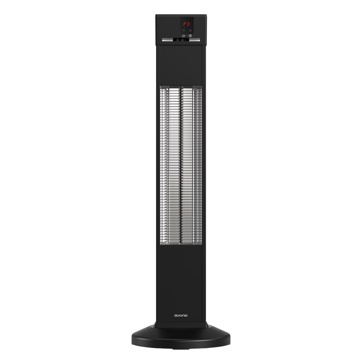 Un radiateur tour noir avec un écran numérique et des éléments chauffants argentés.