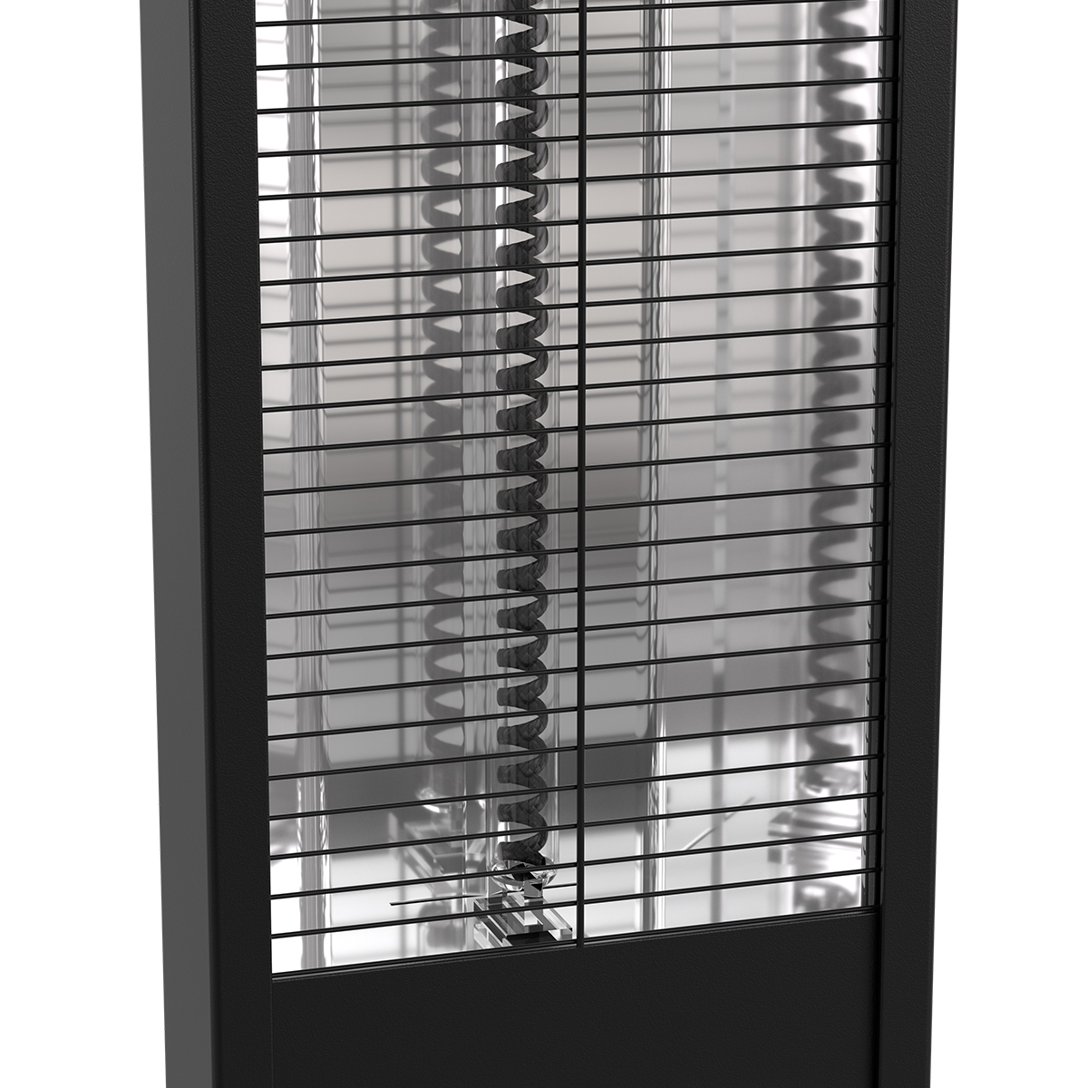Gros plan d'un radiateur extérieur noir avec tube en verre et élément en spirale.