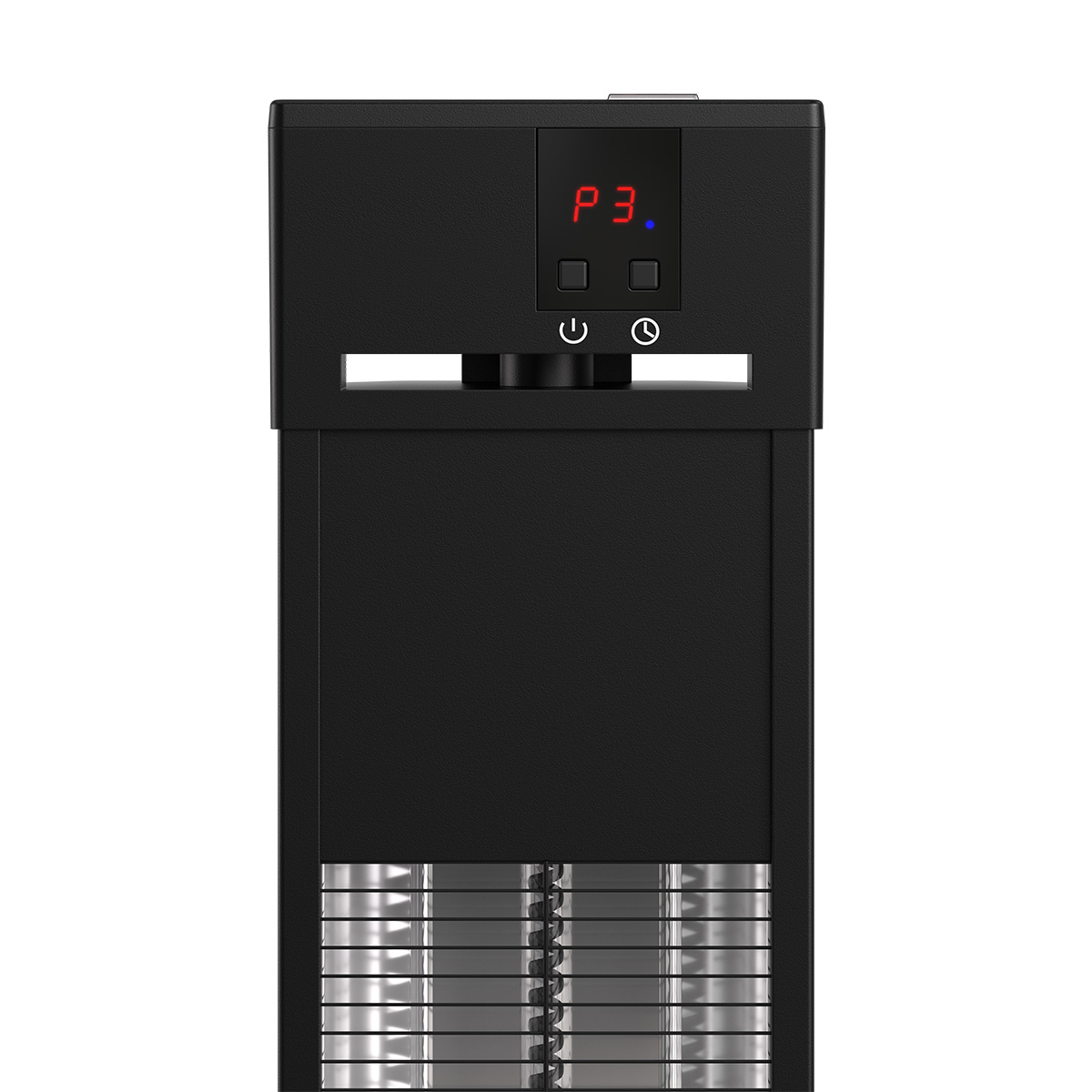 Tour électronique noire avec écran rouge 'P 3' et boutons.