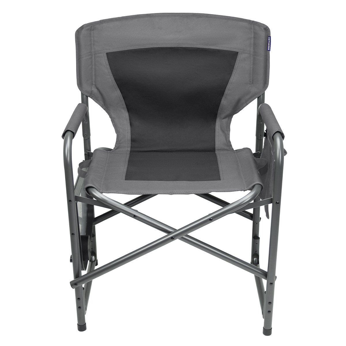 Gray folding chair with darker accents and metal frame.