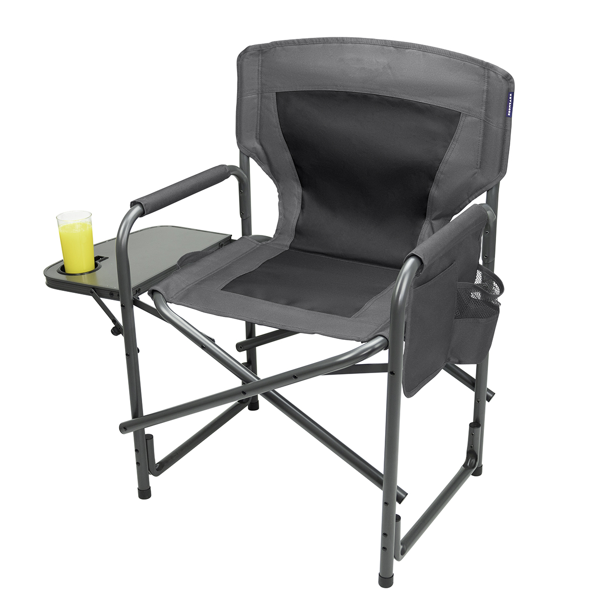Gray director's chair with a side table holding a glass of yellow liquid.