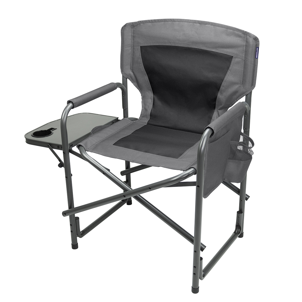 Gray camping chair with a side table and cup holder.