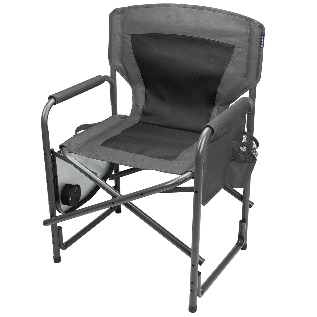 Gray director's chair with armrests, cup holder, and folding side table.