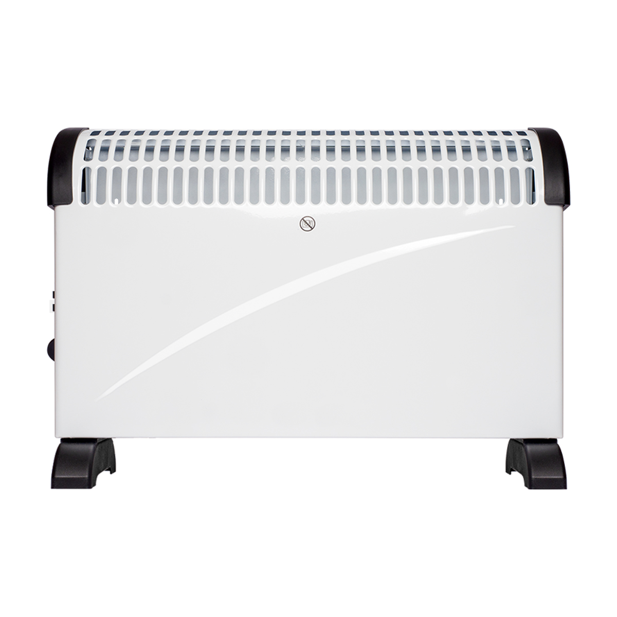 A white electric heater with black feet and ventilation slits.