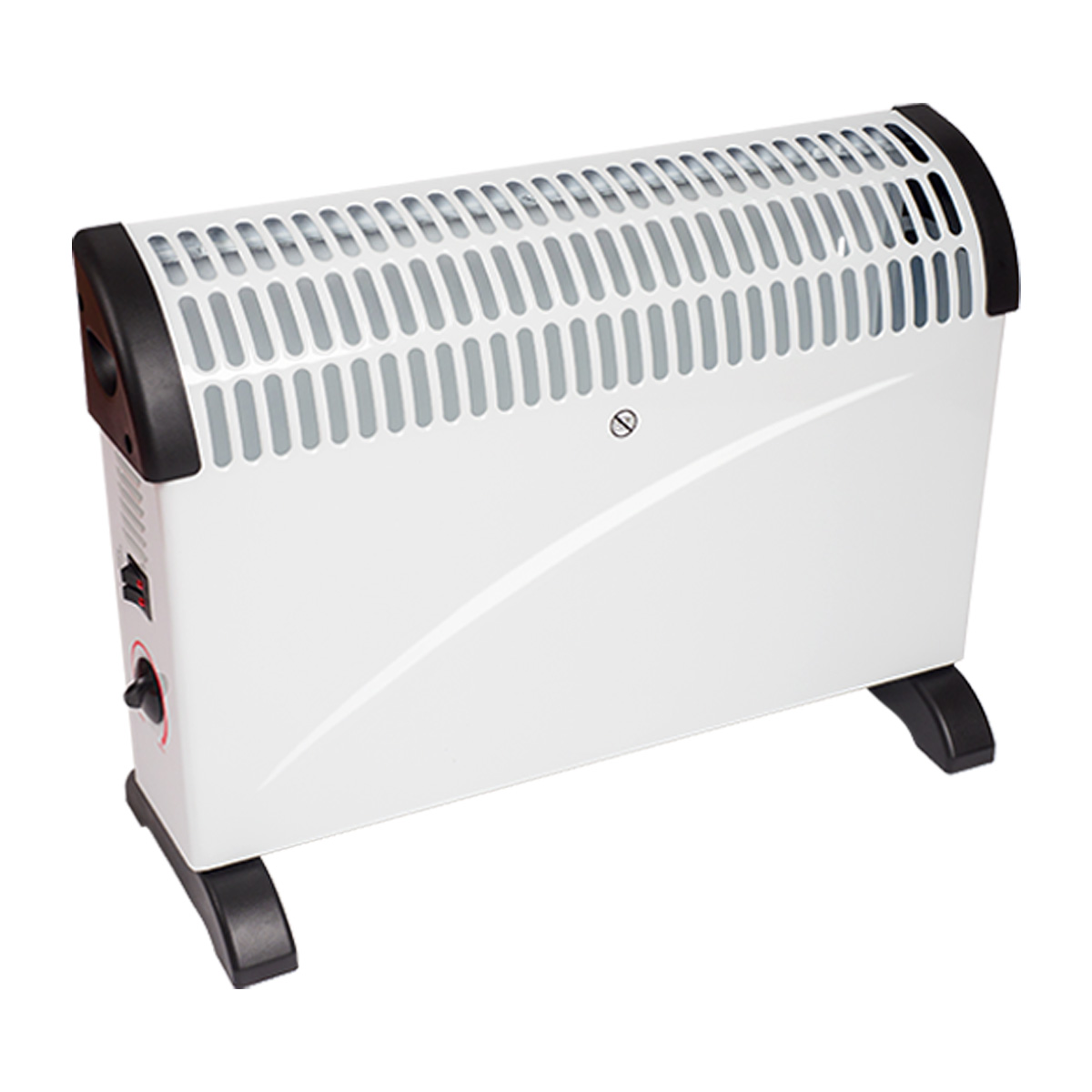 A white radiator with black feet and control knobs.