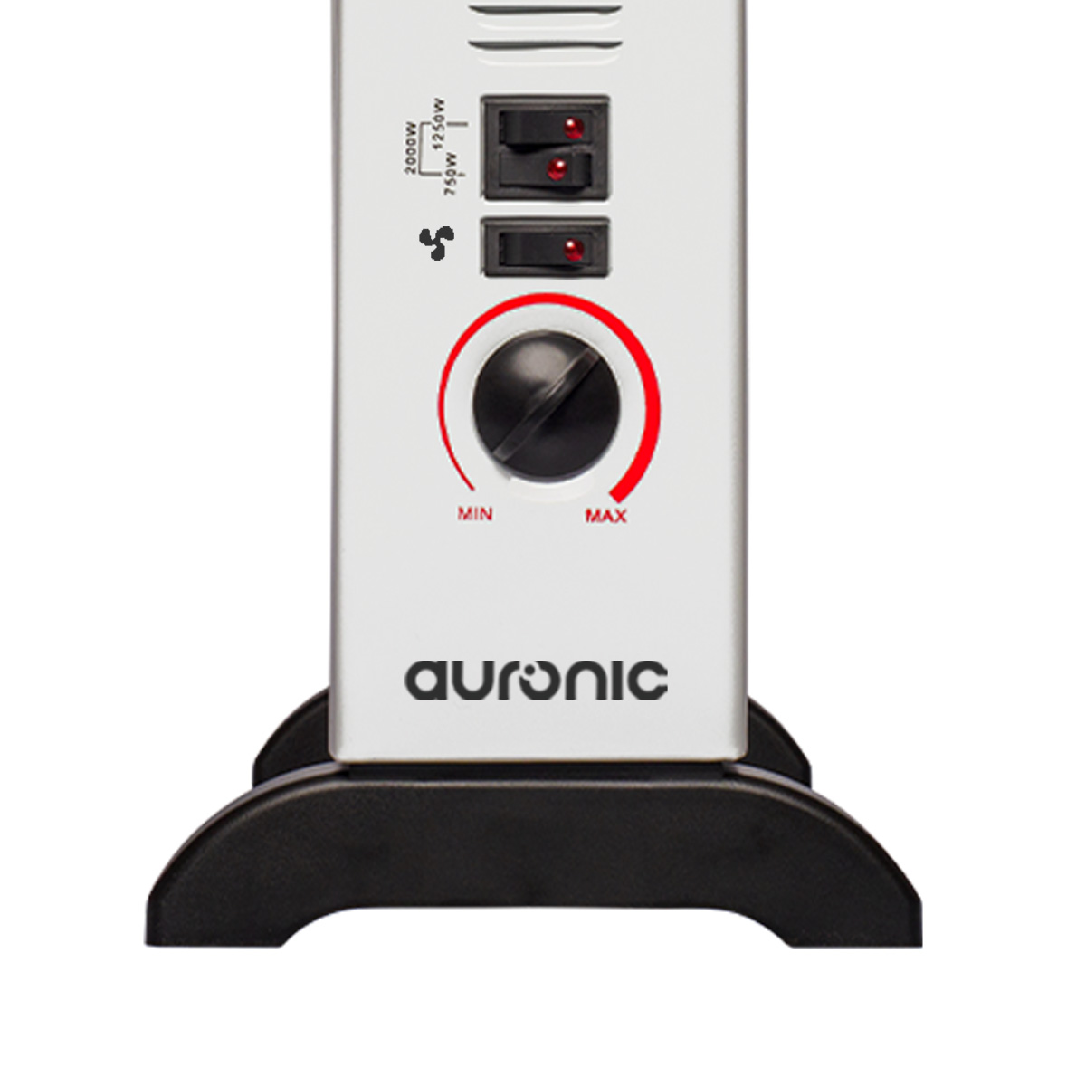 A white electric heater with black dial and switches.